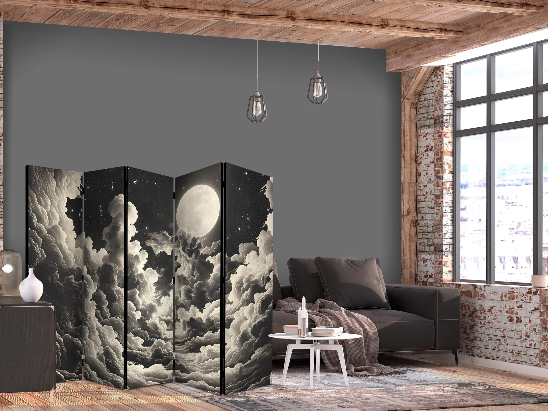 Paravent, Raumteiler freistehend, Trennwand - The Moon and Stars Singing Amongst Great Clouds, 5-tei