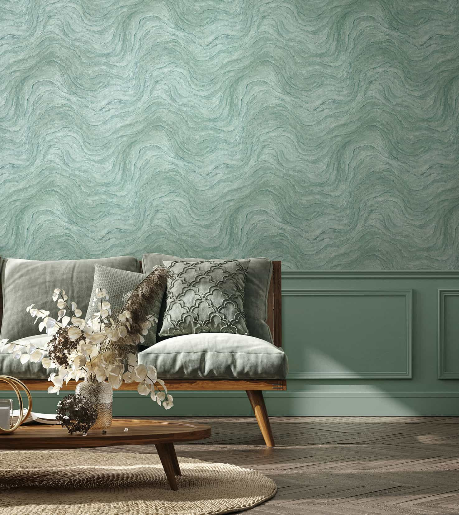 vliesbehang met steeneffect groen marmer look
