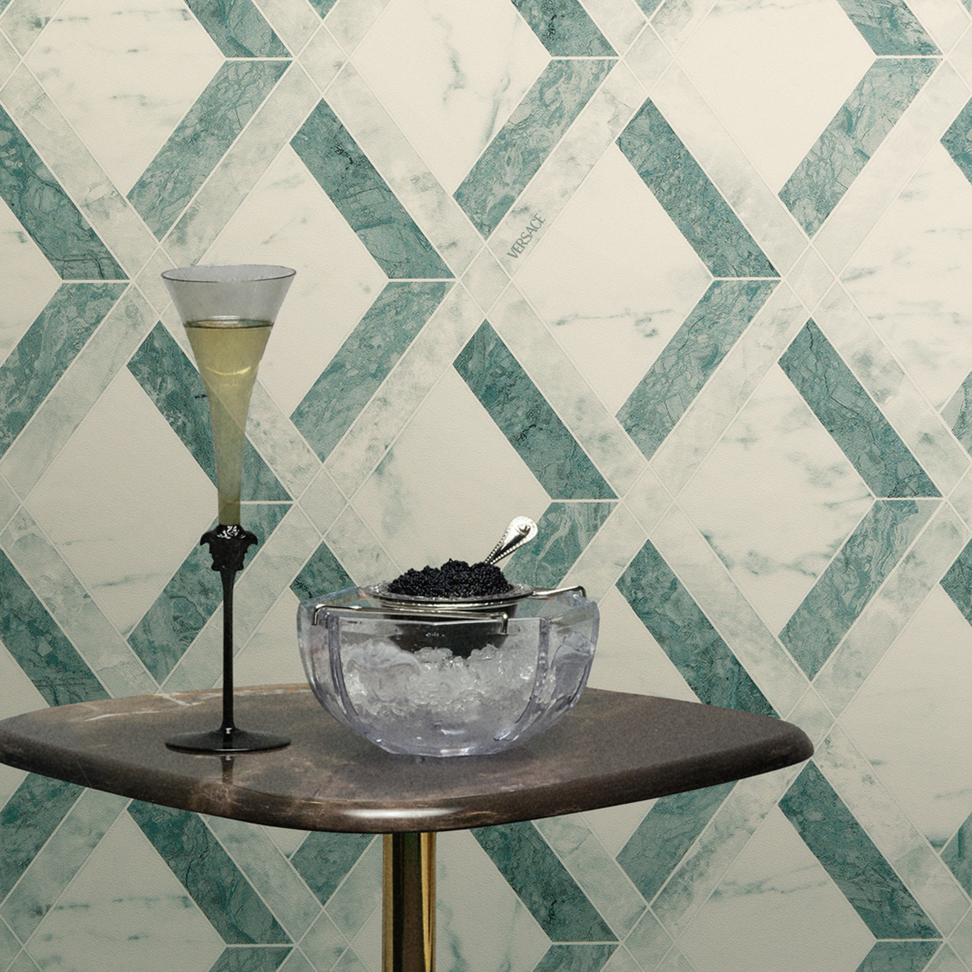 Versace Vliesbehang Tarsia ruitpatroon marmerlook groen wit grafisch
