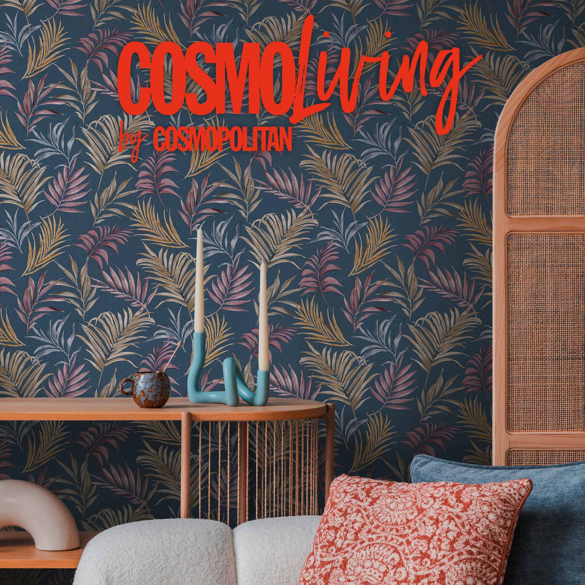 COSMOPOLITAN palmbladeren behang blauw geel roze - tropisch Vliesbehang keuken
