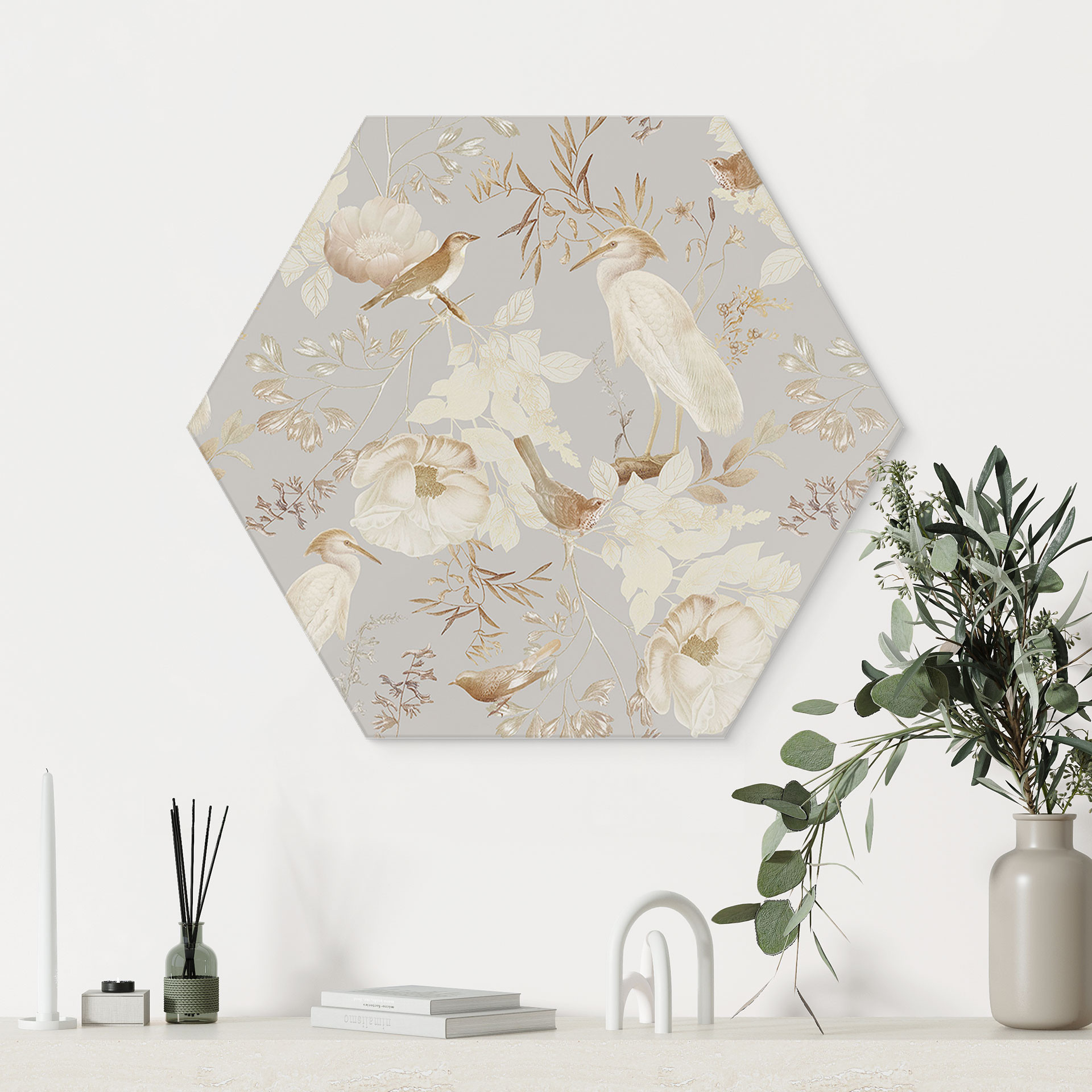 Hexagon Dibond Fugle blandt hvide blomster - UN Designs
