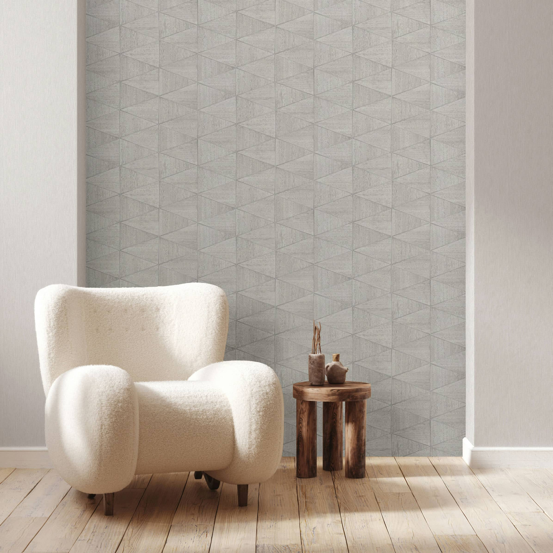 Vliesbehang met geometrisch patroon, driehoeken beige, grijs grafisch