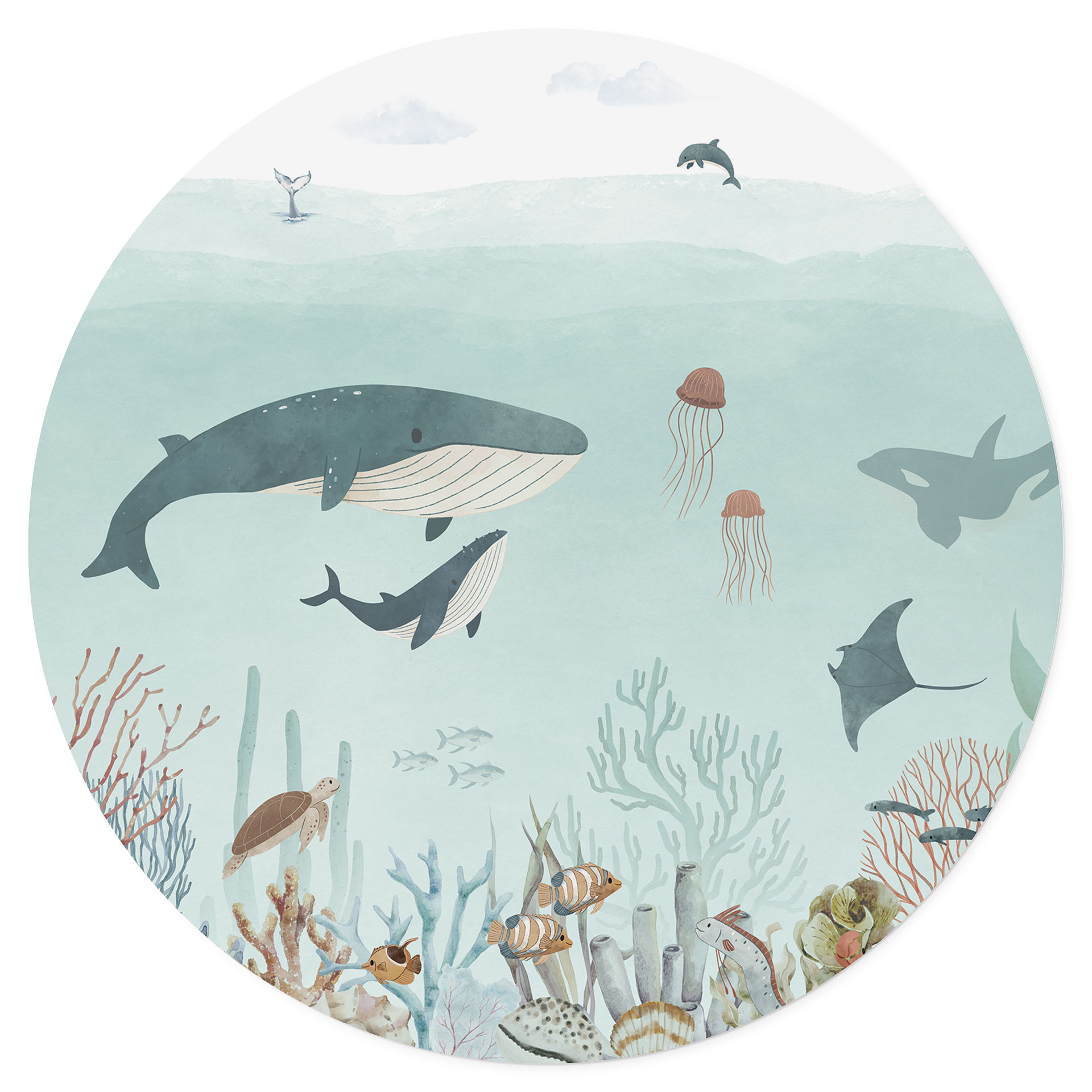 Wandtattoo Unterwasser-Abenteuer mit Meerestieren - Blau - Oliver Robins - Rund