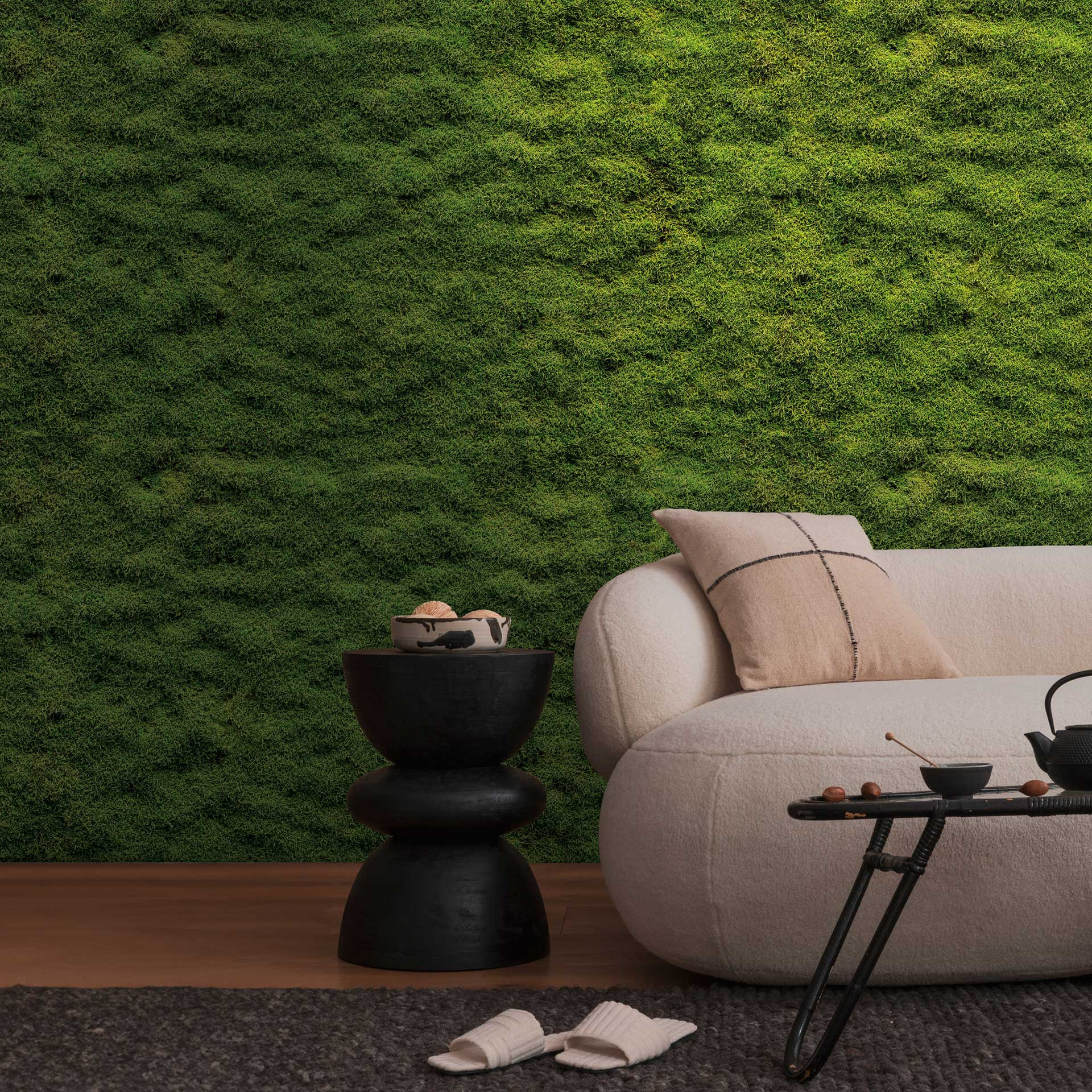 mosbehang in groen - vliesbehang natuurlook - woonkamer behang