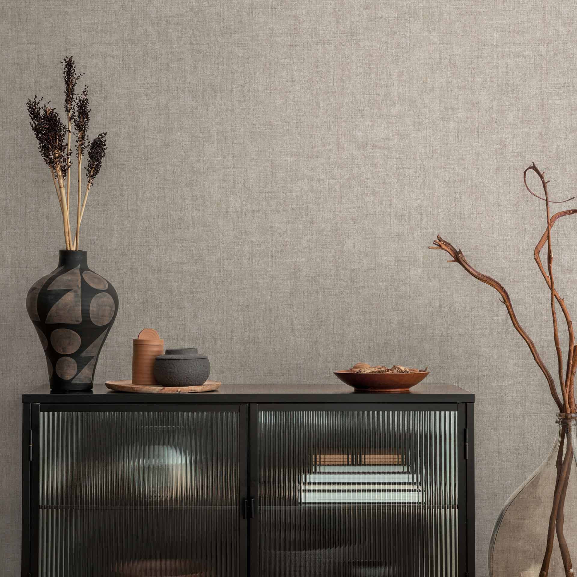 Textuurbehang textiel look taupe beige - discreet Vliesbehang modern