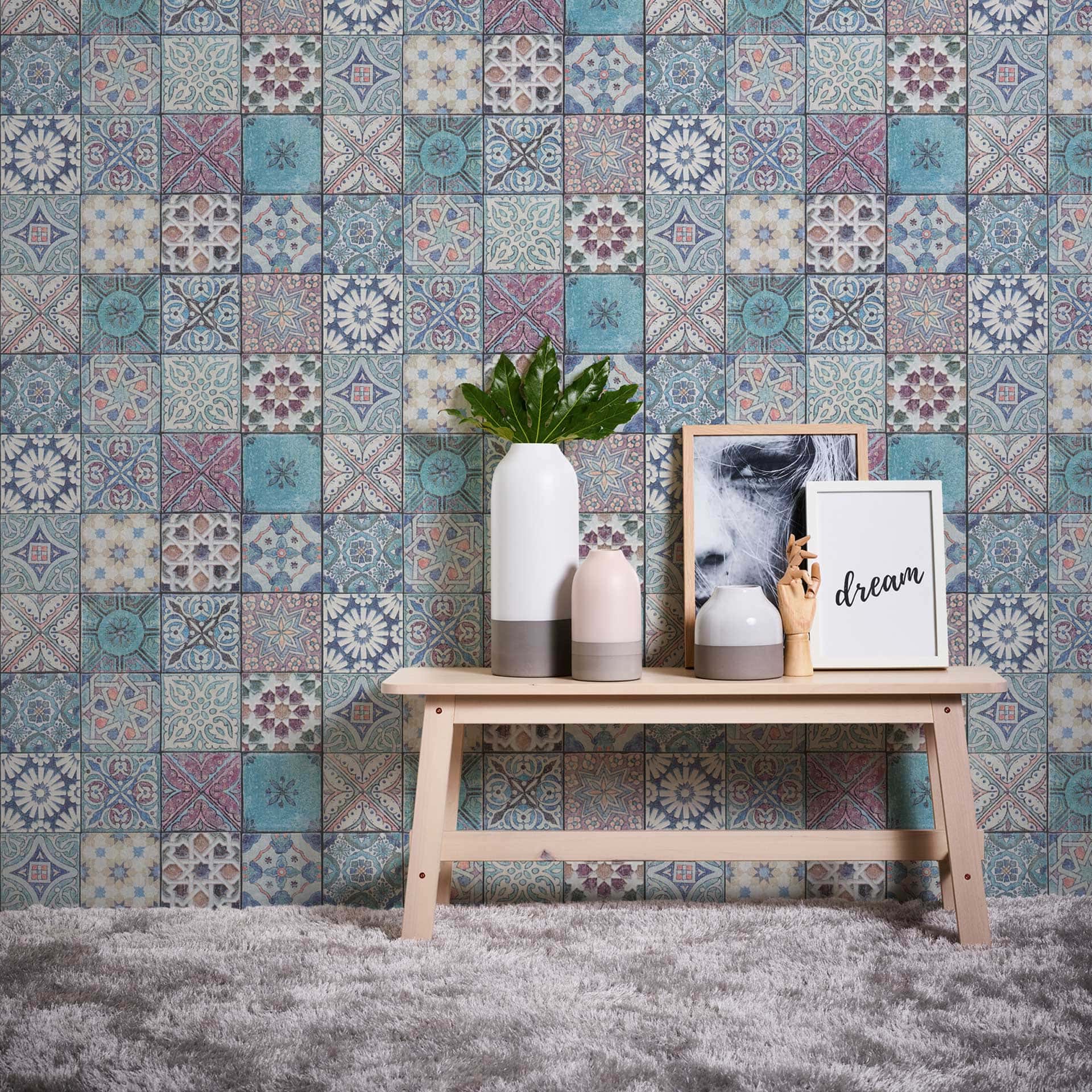 Zelfklevend behang & meubelfolie - landhuis, keuken - turquoise, paars - rol 840x53 cm