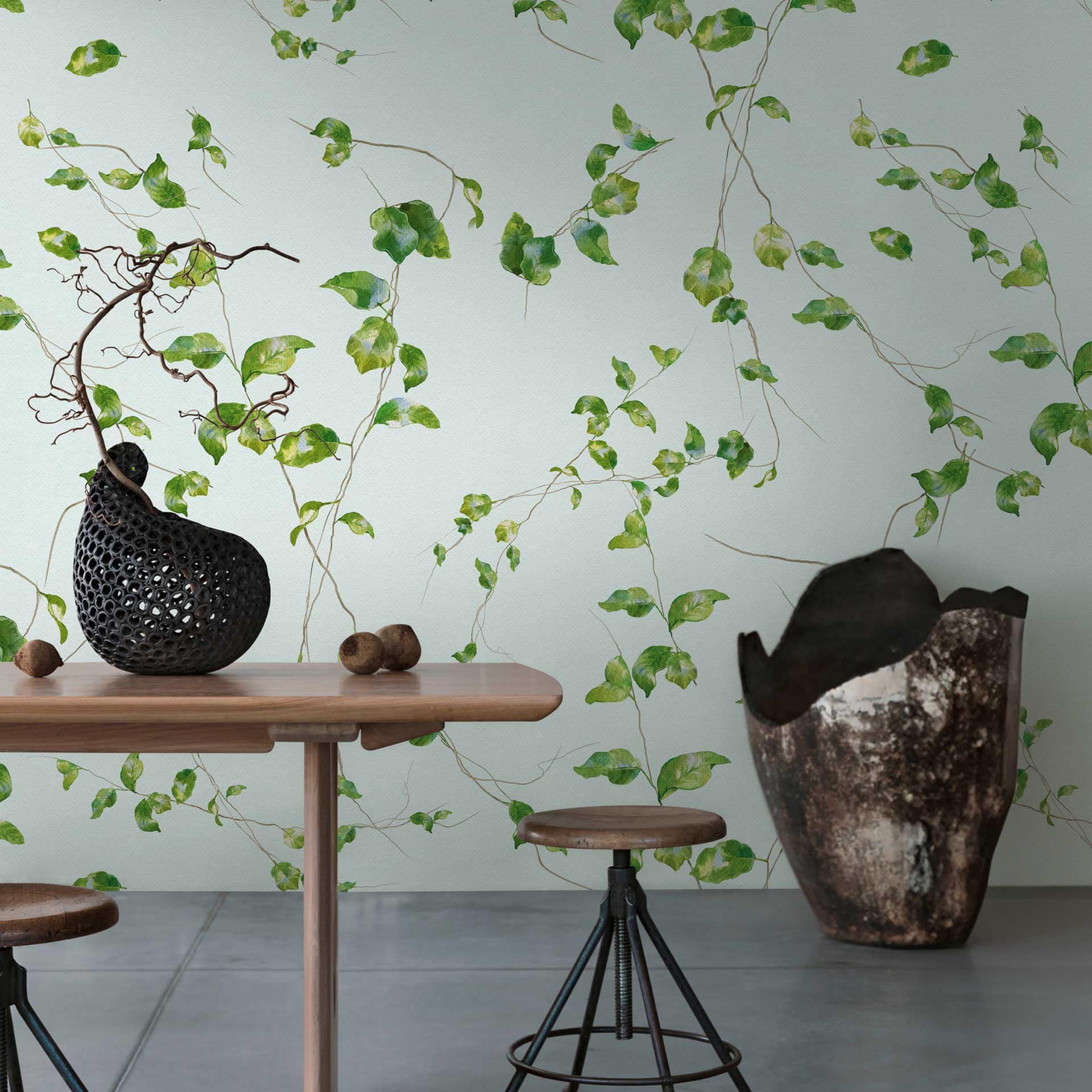 Planten behang ivy lichtgroen - vliesbehang met bladmotief voor woonkamer & slaapkamer