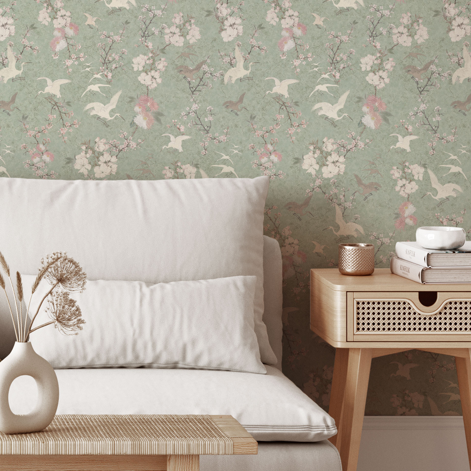 Patroonbehang vogel behang kraanvogels in kersenbloesem razernij groen - Bloomery Decor