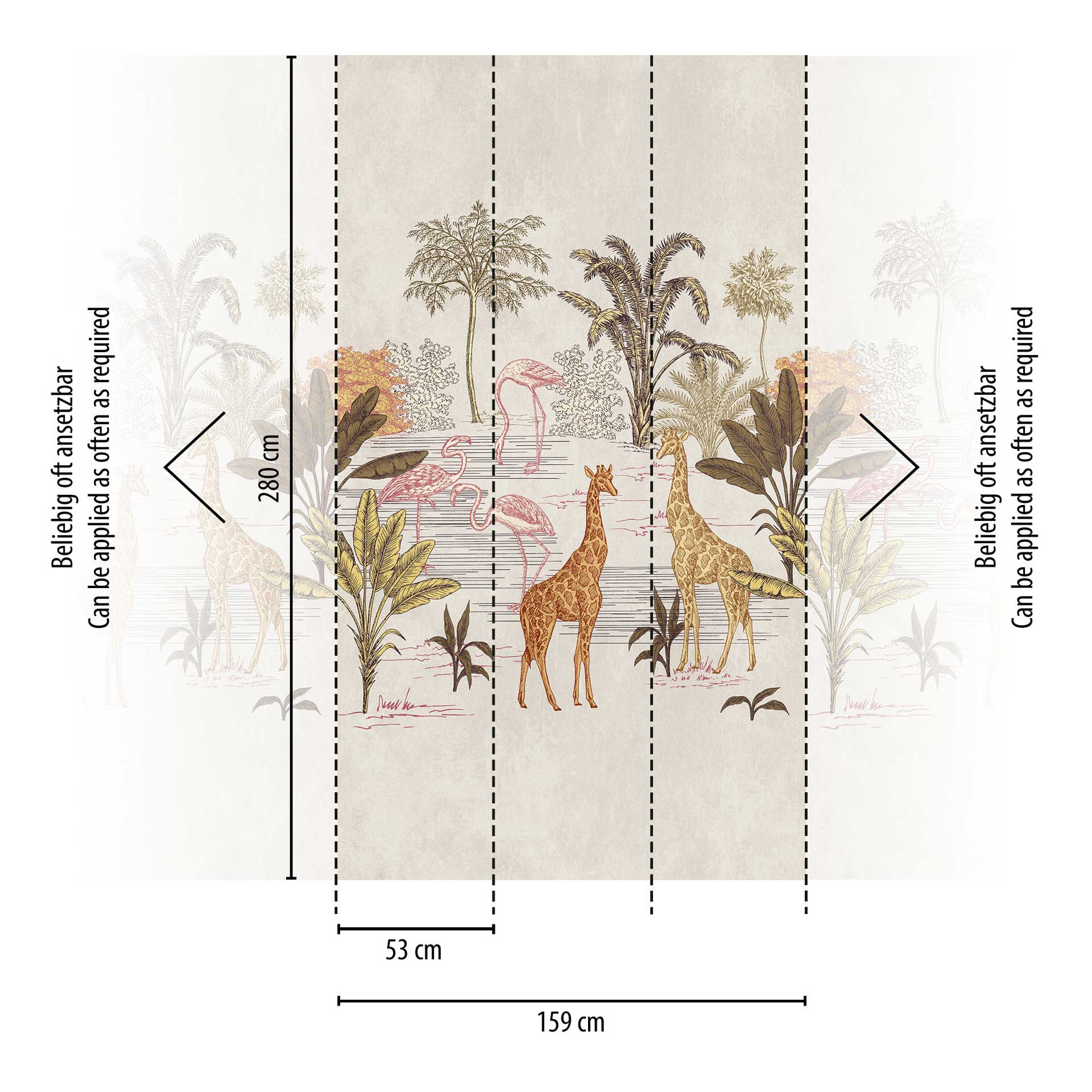 Safari behang beige kleurrijk - vliesbehang met giraffen & palmbomen voor woonkamer & kinderkamer