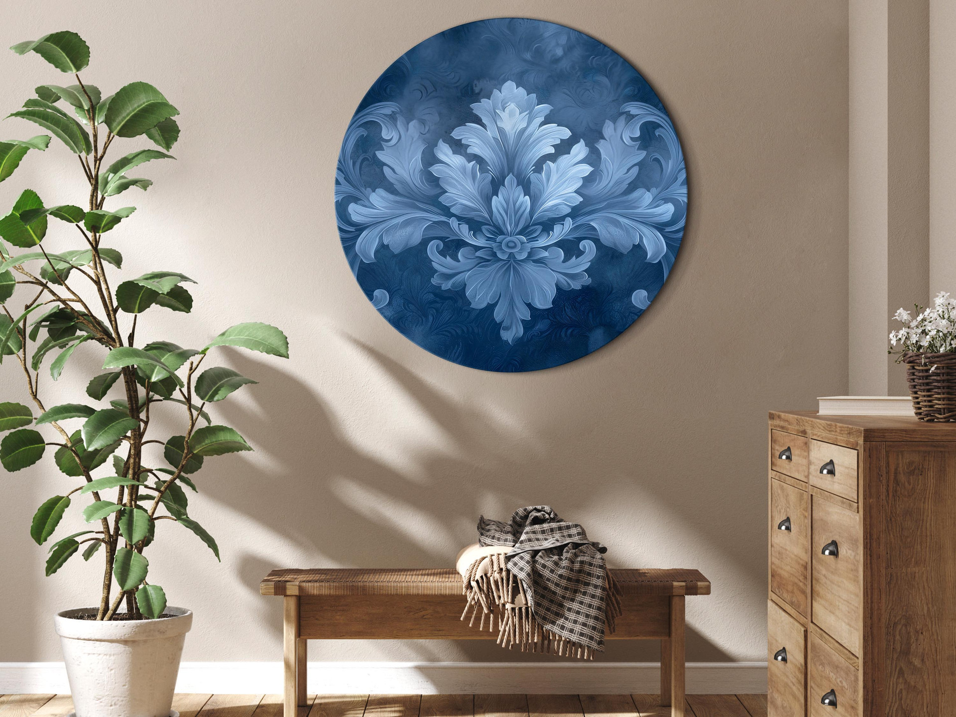 Rundes Leinwandbild Ornament in Blau