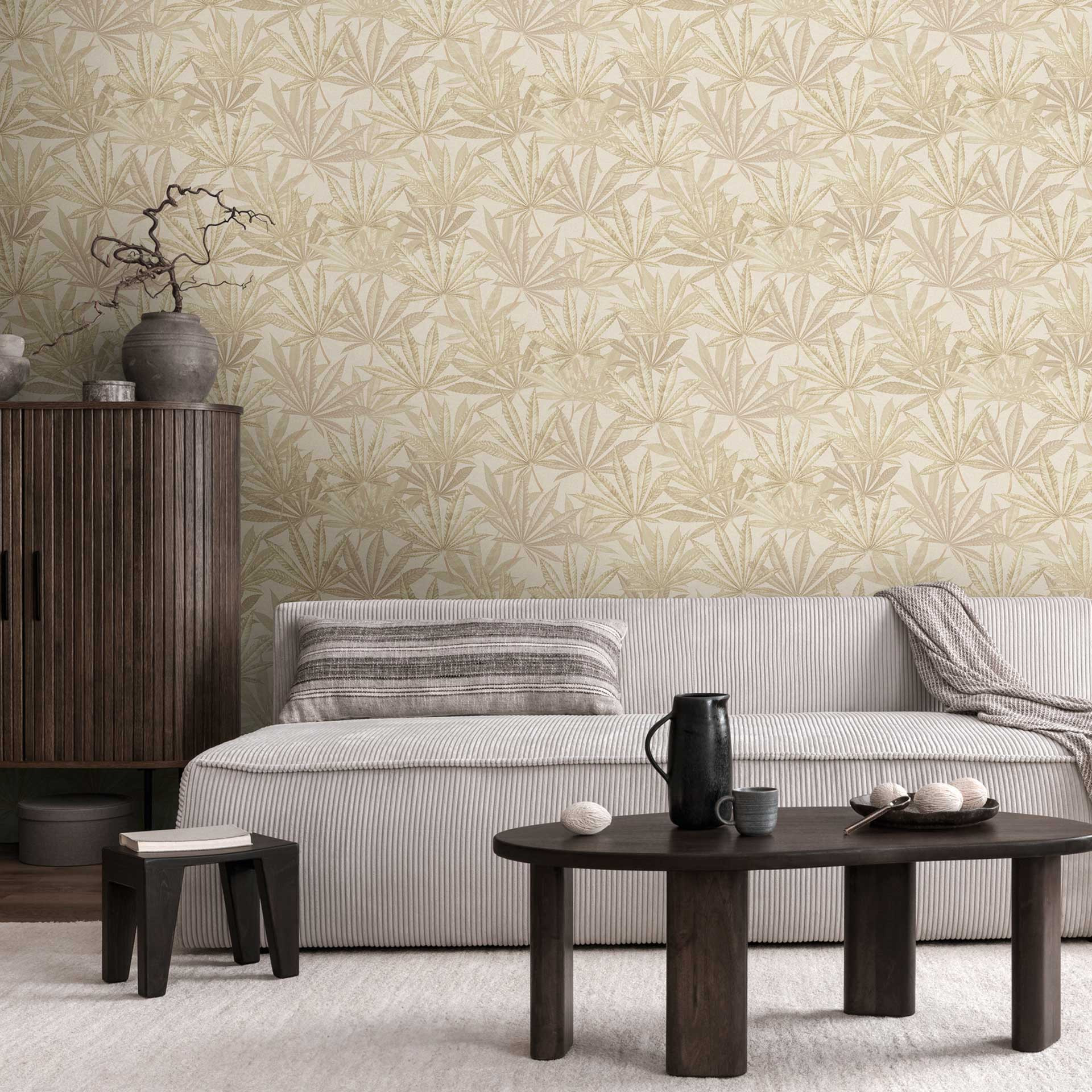 Vliesbehang beige crème - Vliesbehang met een Afmeting van bladeren in natuurlijke tinten