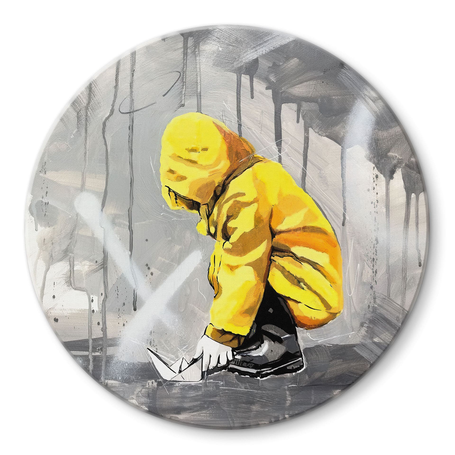 Glasbild Kind mit Papierschiff Streetart - Habib - Rund - Ø 30 cm