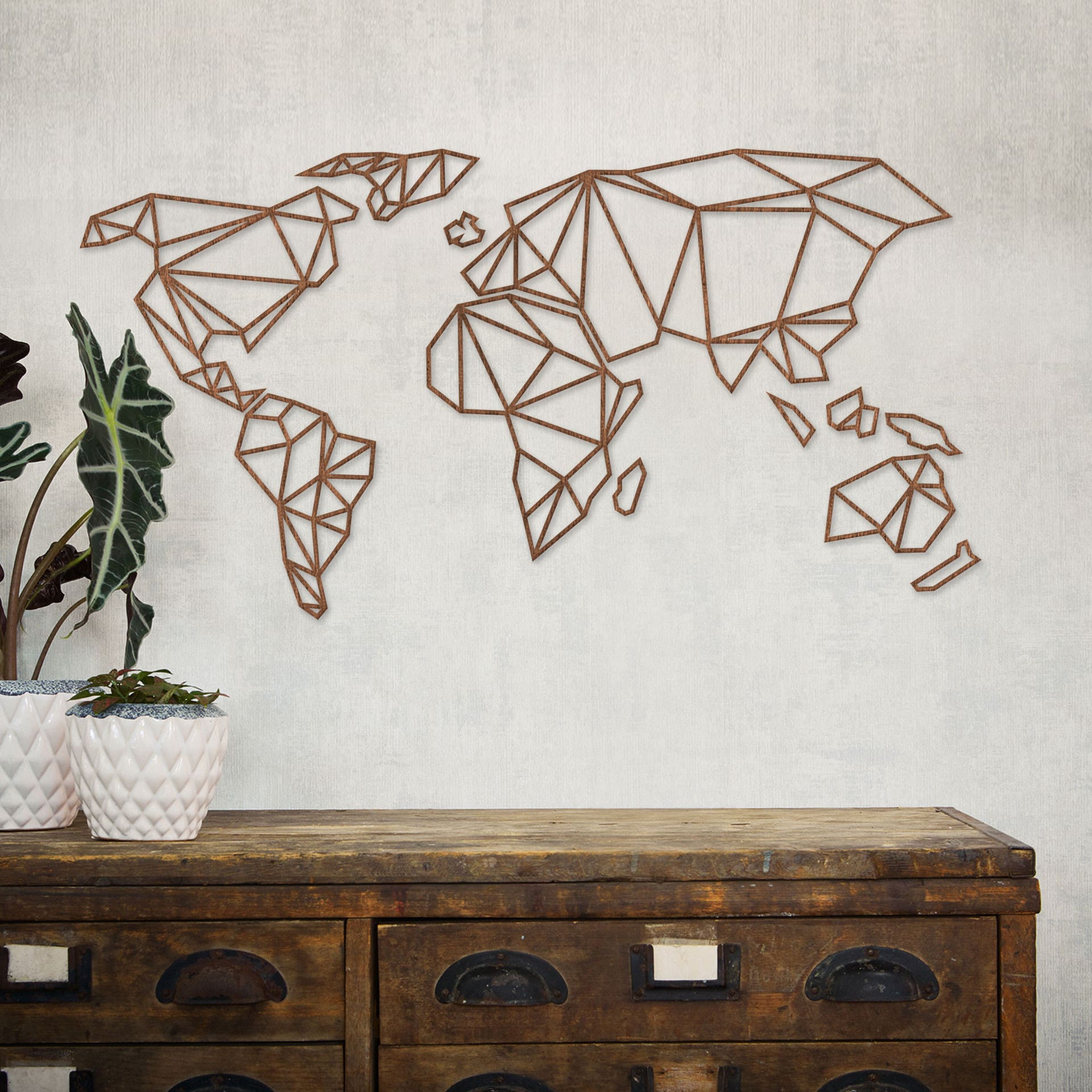 mapa świata 3D origami wykonana z drewna - mahoń