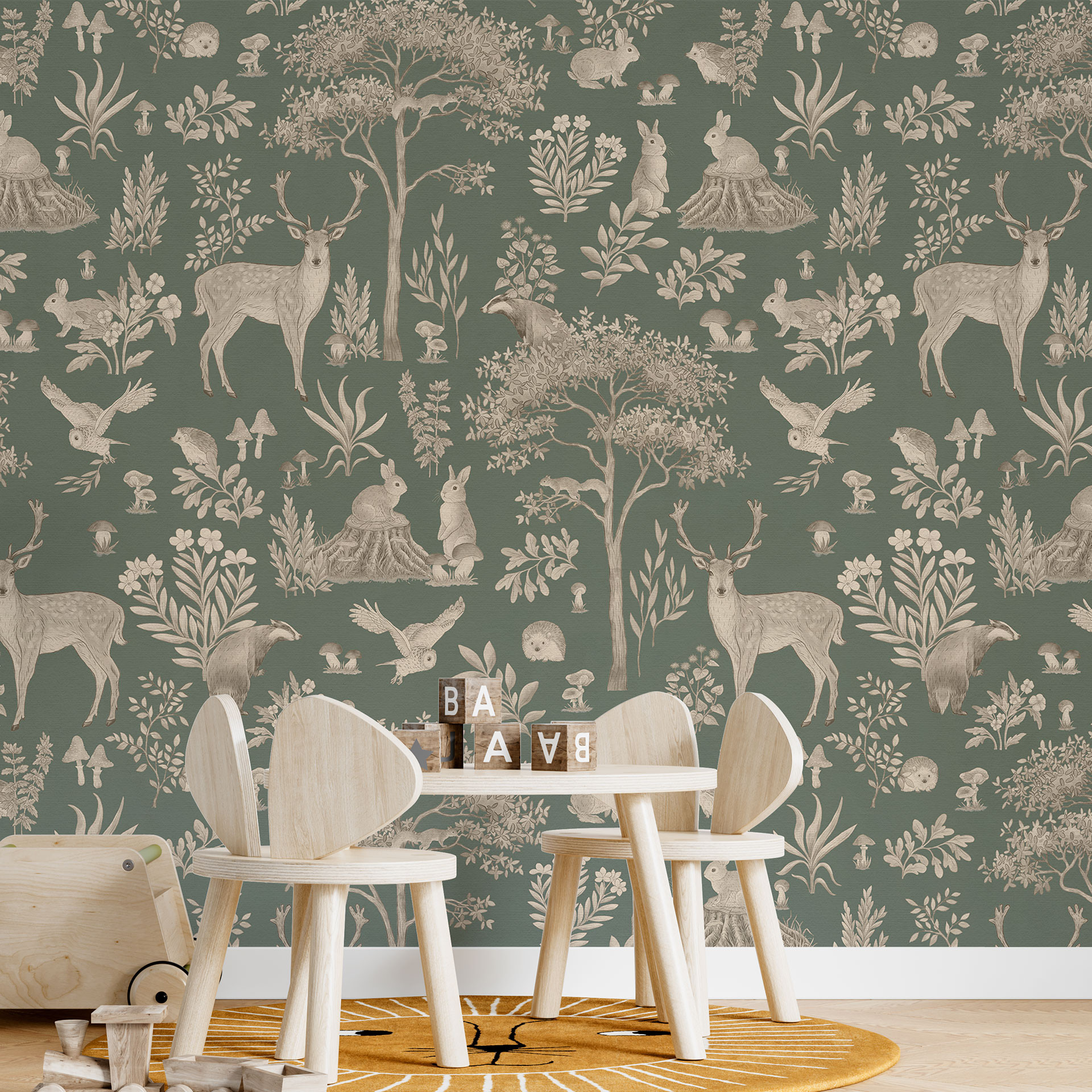 Betoverend bos met dieren behang - Vintage groen - Kikki Belle