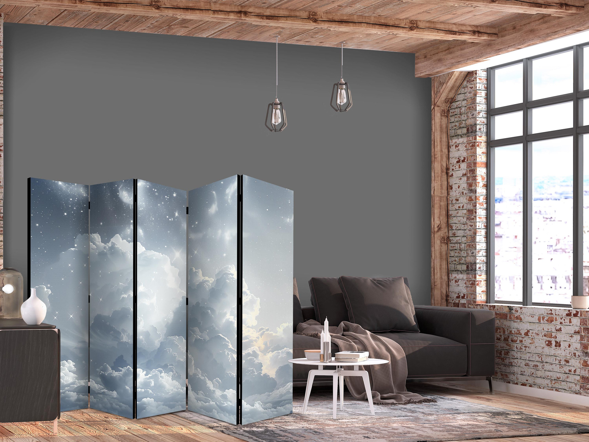 Paravent, Raumteiler freistehend, Trennwand - Astral Calm: Stars Scattered Above Gentle Clouds, 5-te