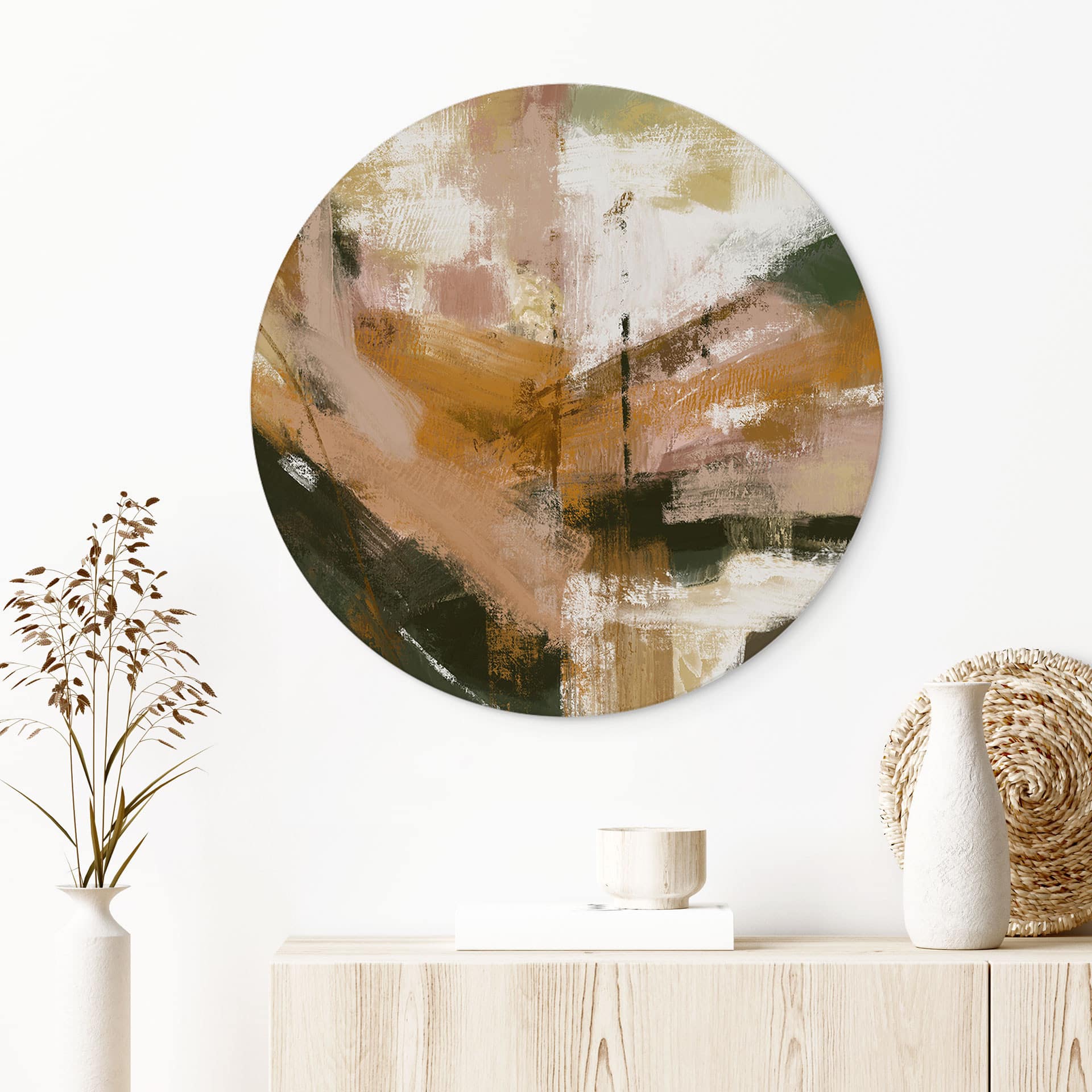 Wanddecoratie Warme Penseelstreken Abstract - Cheney - Alu-Dibond Rond