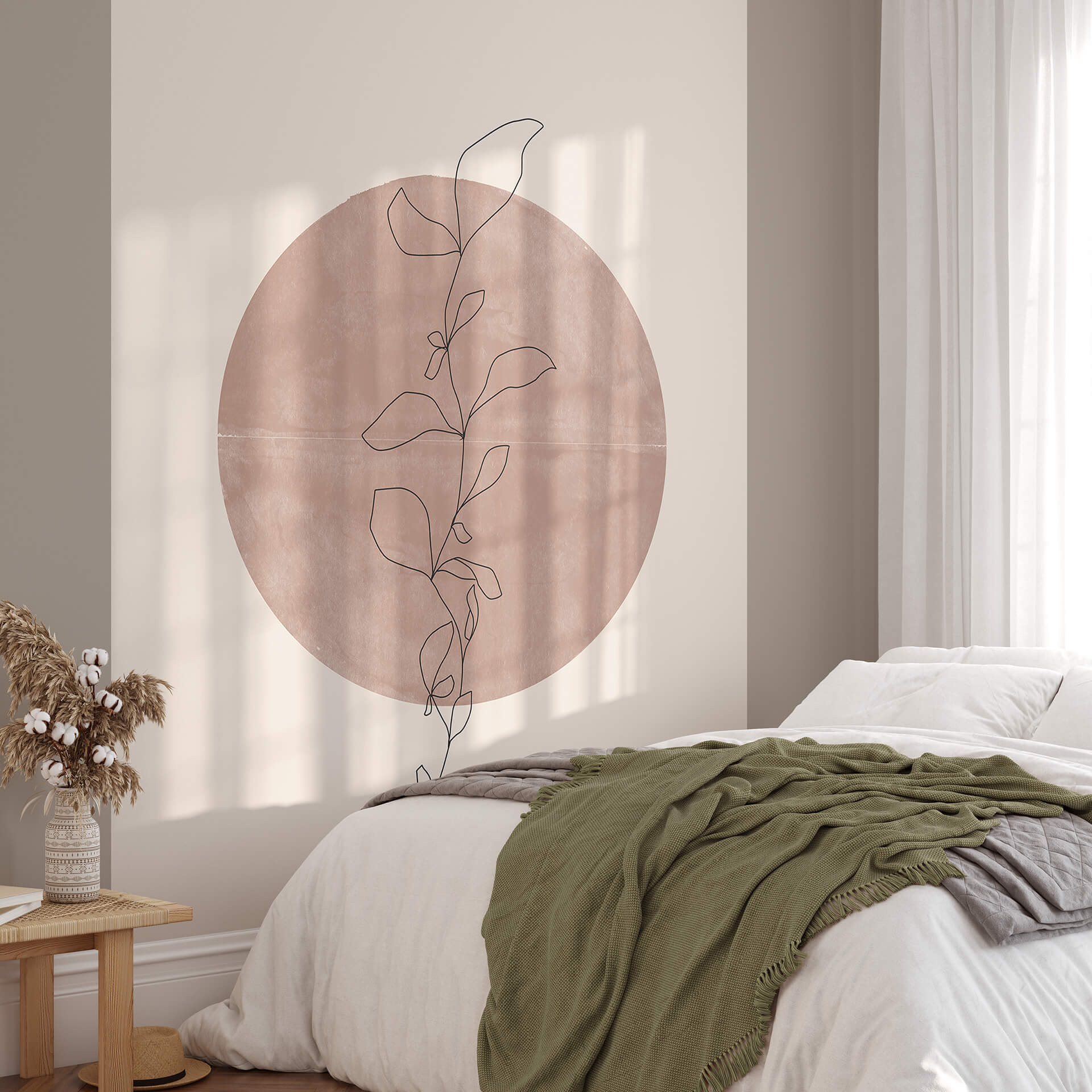 Fotobehang Miuus Studio - Line Art - Abstracte Plant bij Volle Maan