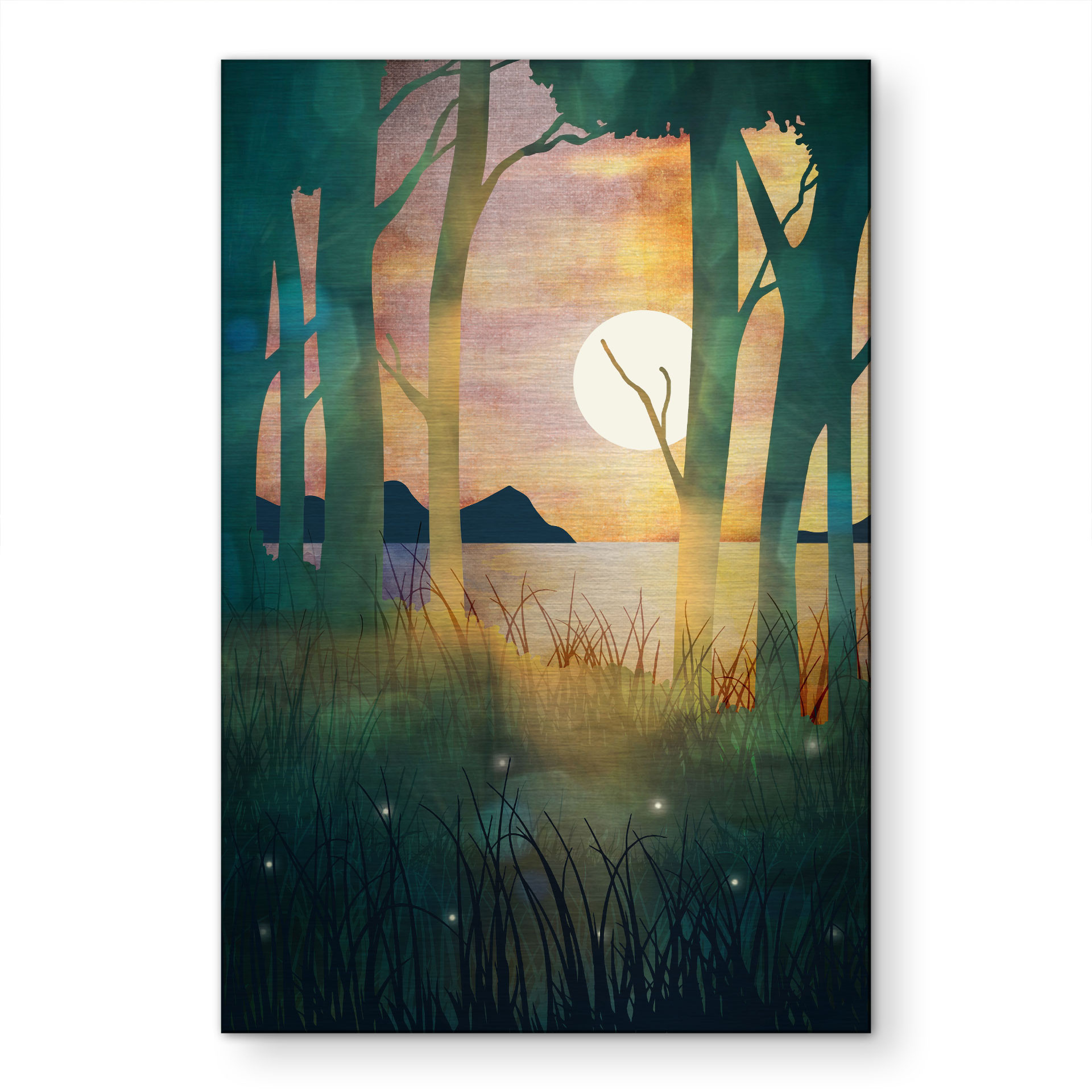 Alu-Dibond brossé avec Effet Doré, Argenté & Cuivré - Magie de la forêt au coucher du soleil - SpaceFrog Designs