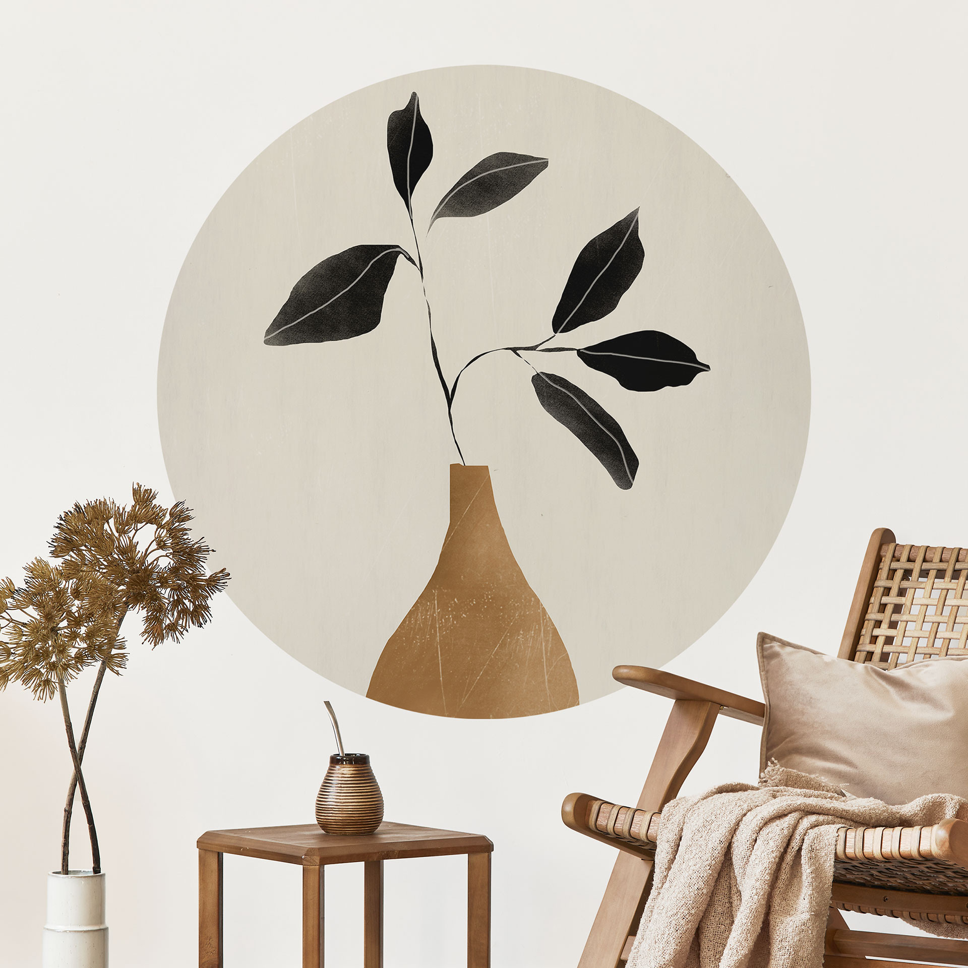 Naklejka na ścianę gałąź w złotym wazonie - ThingDesign - Okrągła