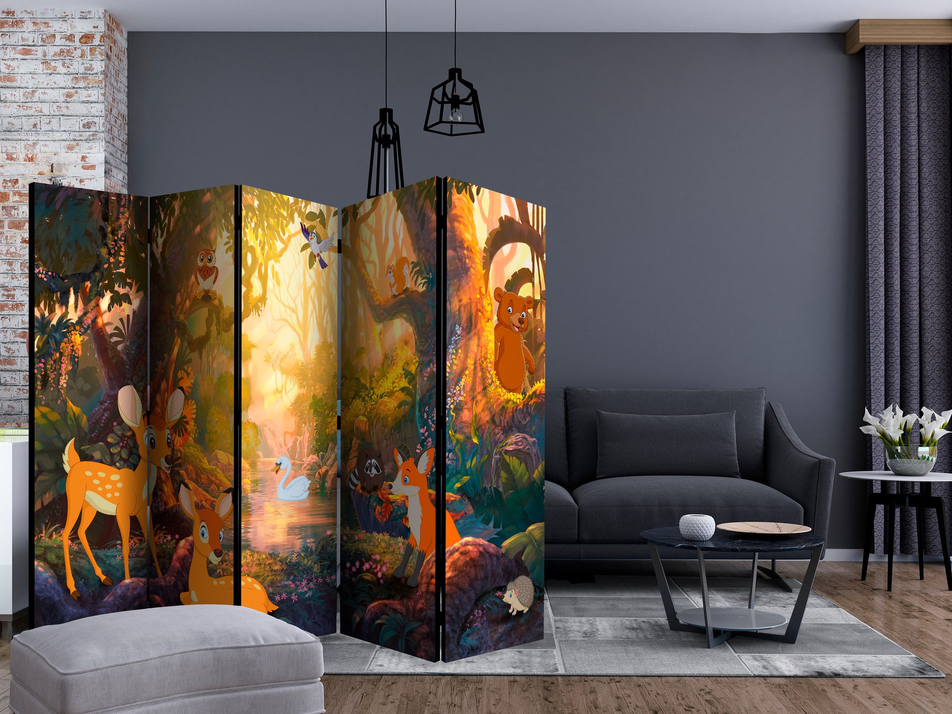 Skærm som rumdeler - Dyr i skoven , 5-delt - 225x172 cm