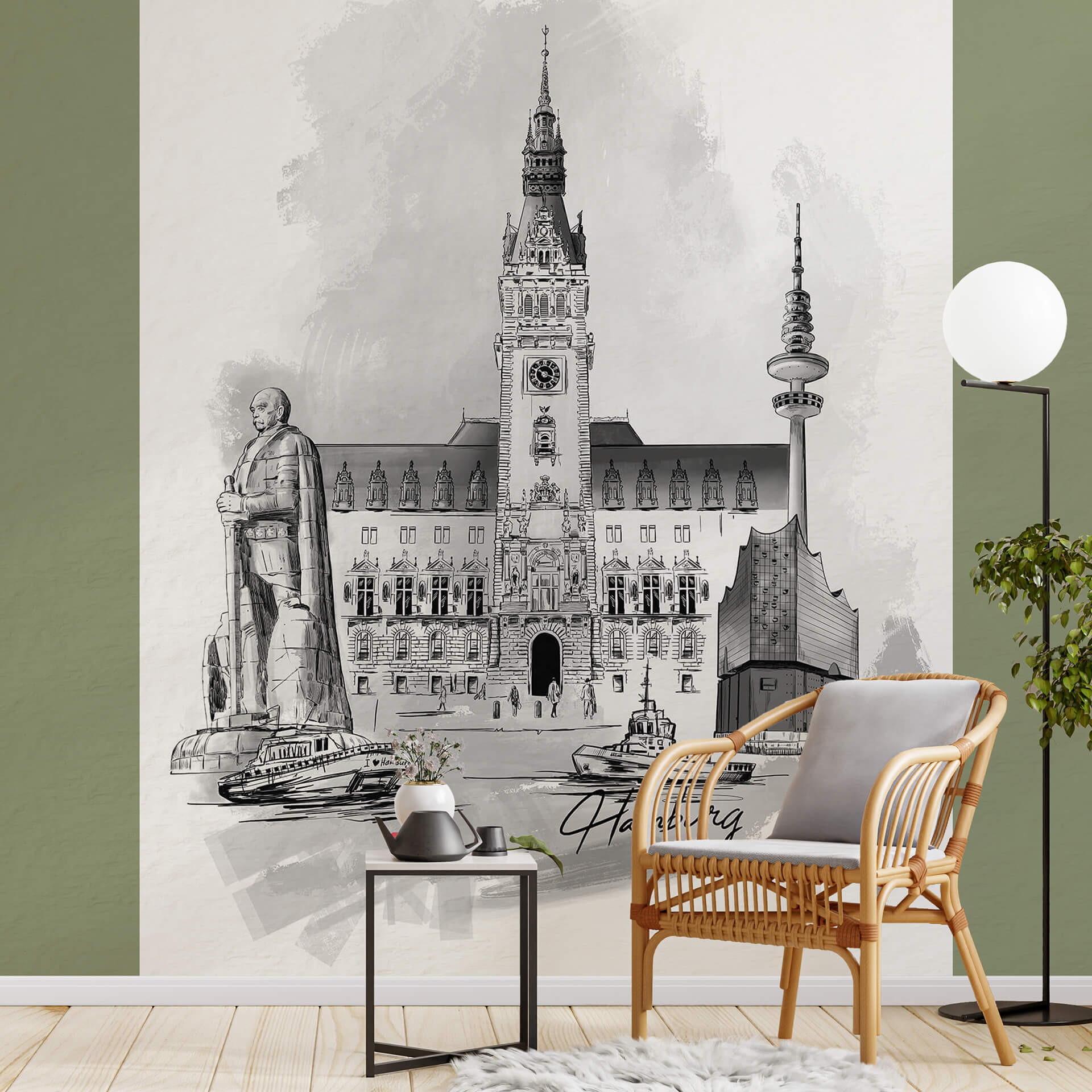 Fotobehang Love your City - Hamburg zwart wit illustratie