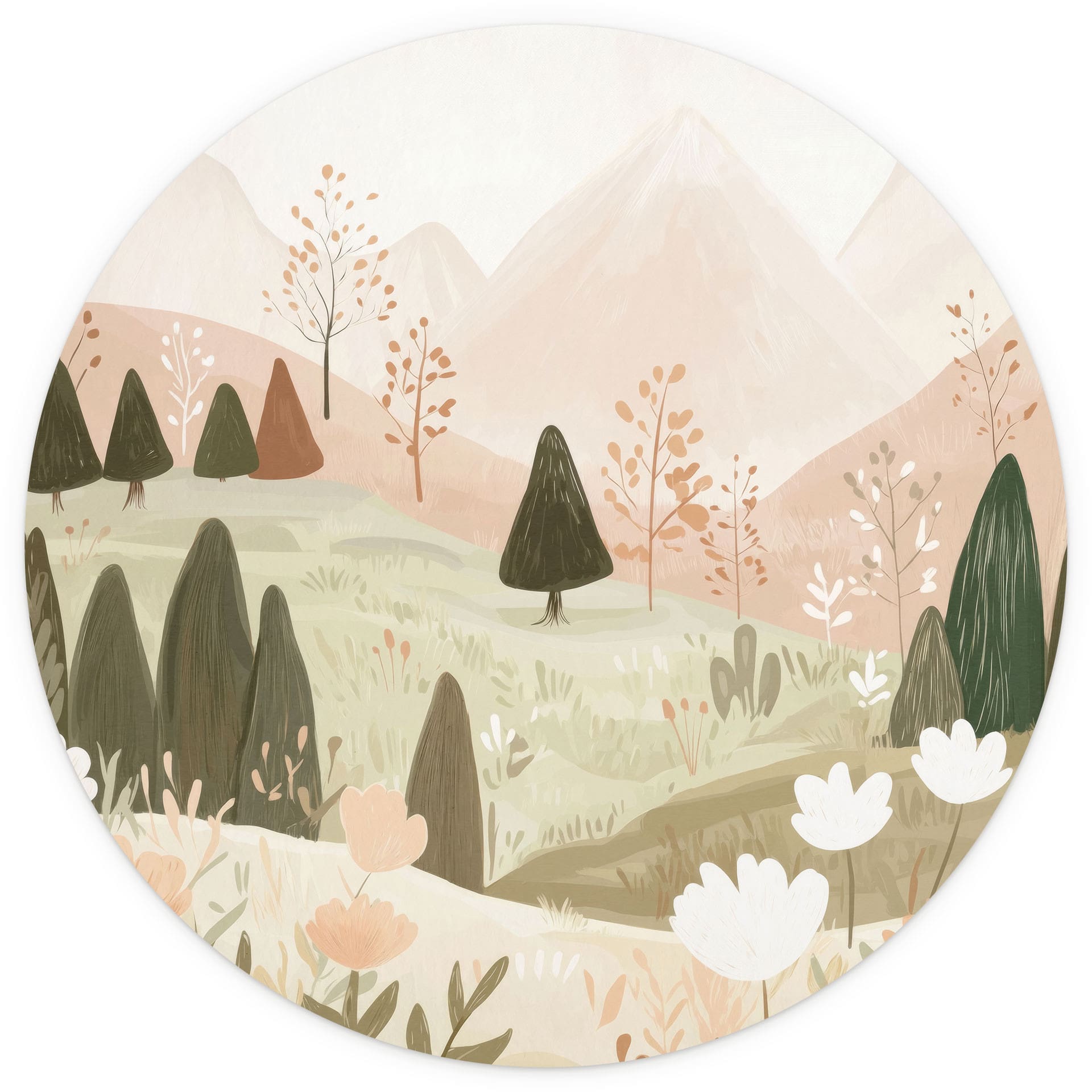Pastel berglandschap met bloemen Fotobehang - Treechild - Rond - Zelfklevend/niet-geweven