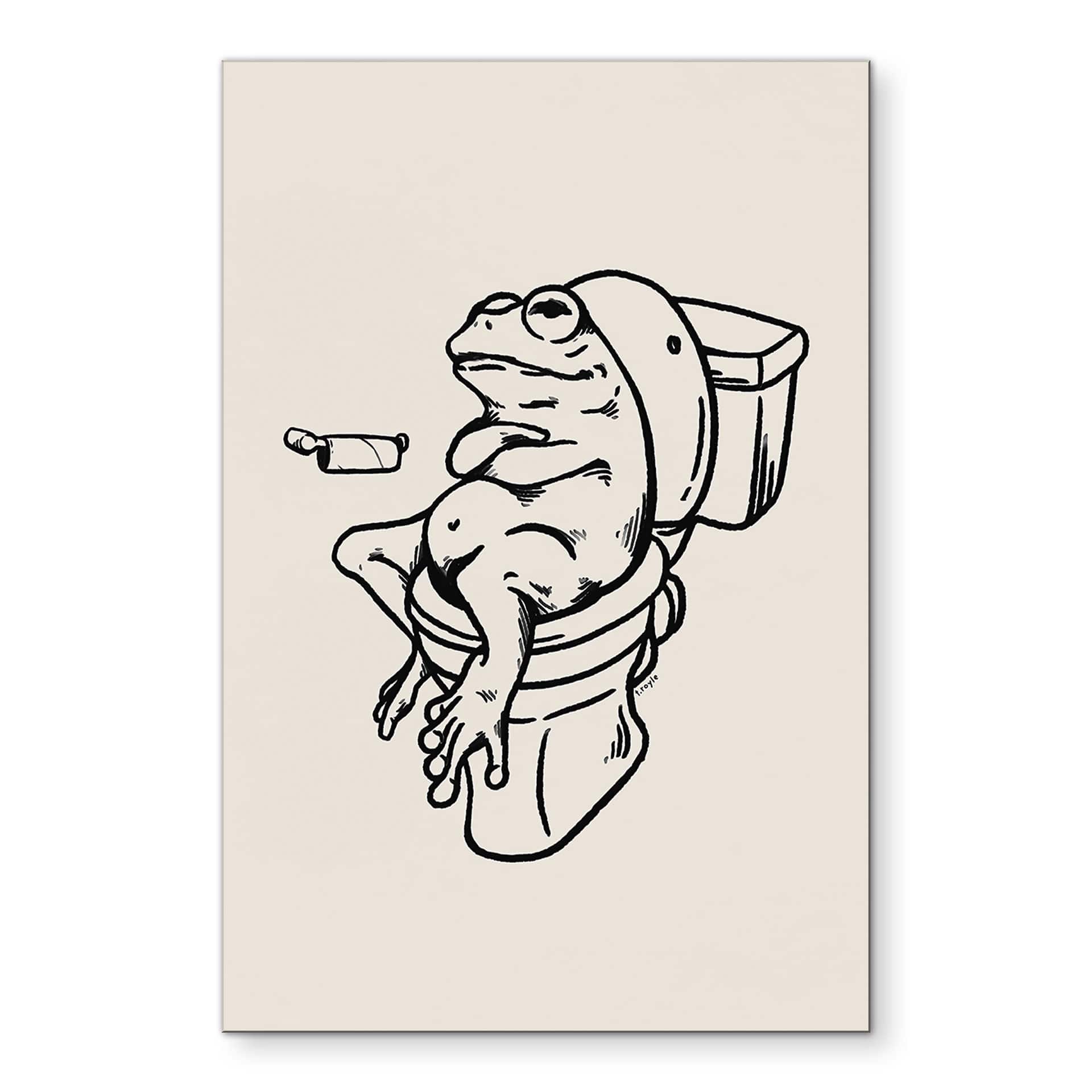 Wandbild Warten auf der Toilette - Humorvolle Frosch-Illustration - Royle - Alu-Dibond