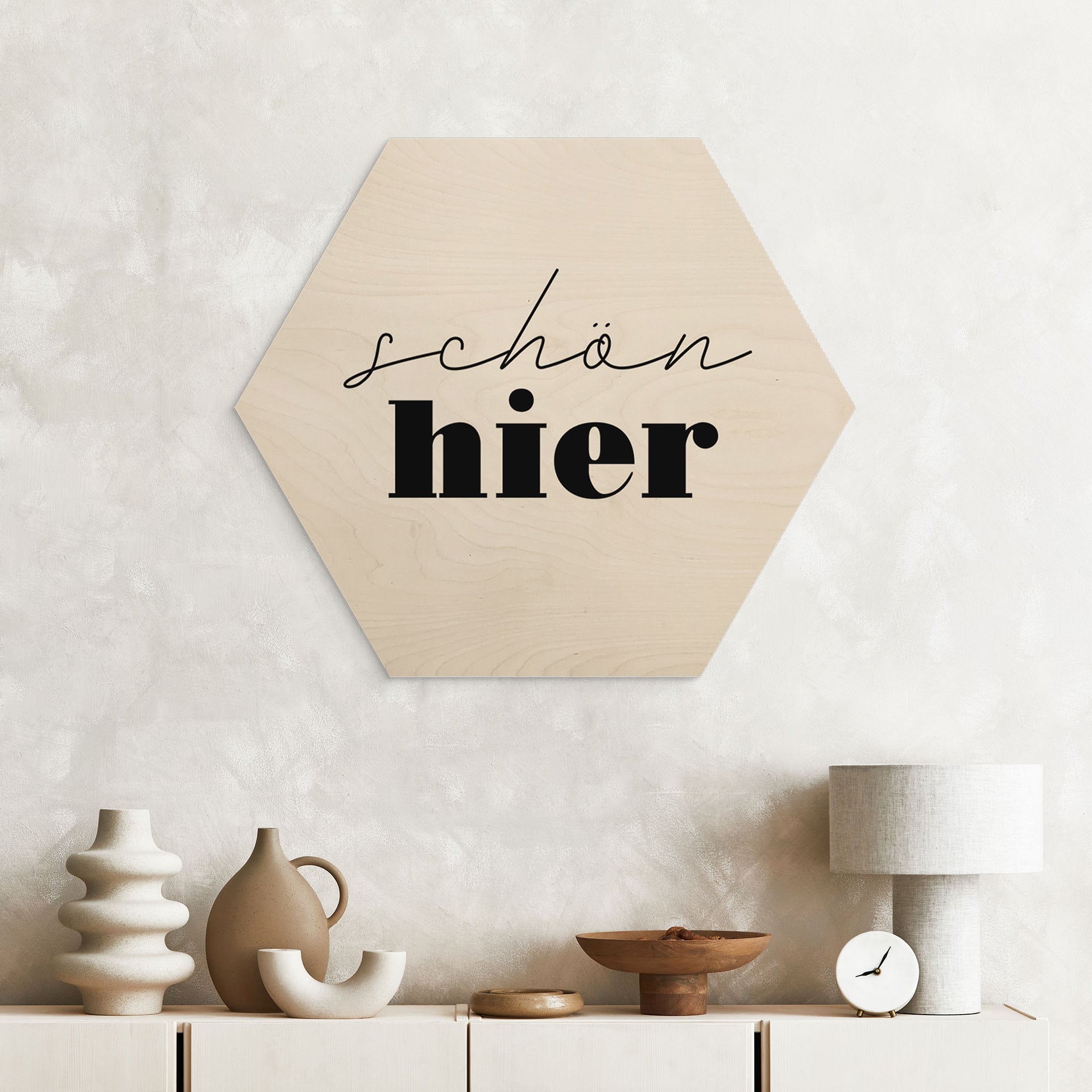 Hexagon Holzbild mit Spruch - Schön hier