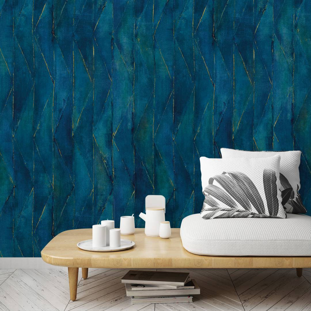 Behang met grafisch patroon, blauwe textuur 2.70 x 2.12 m