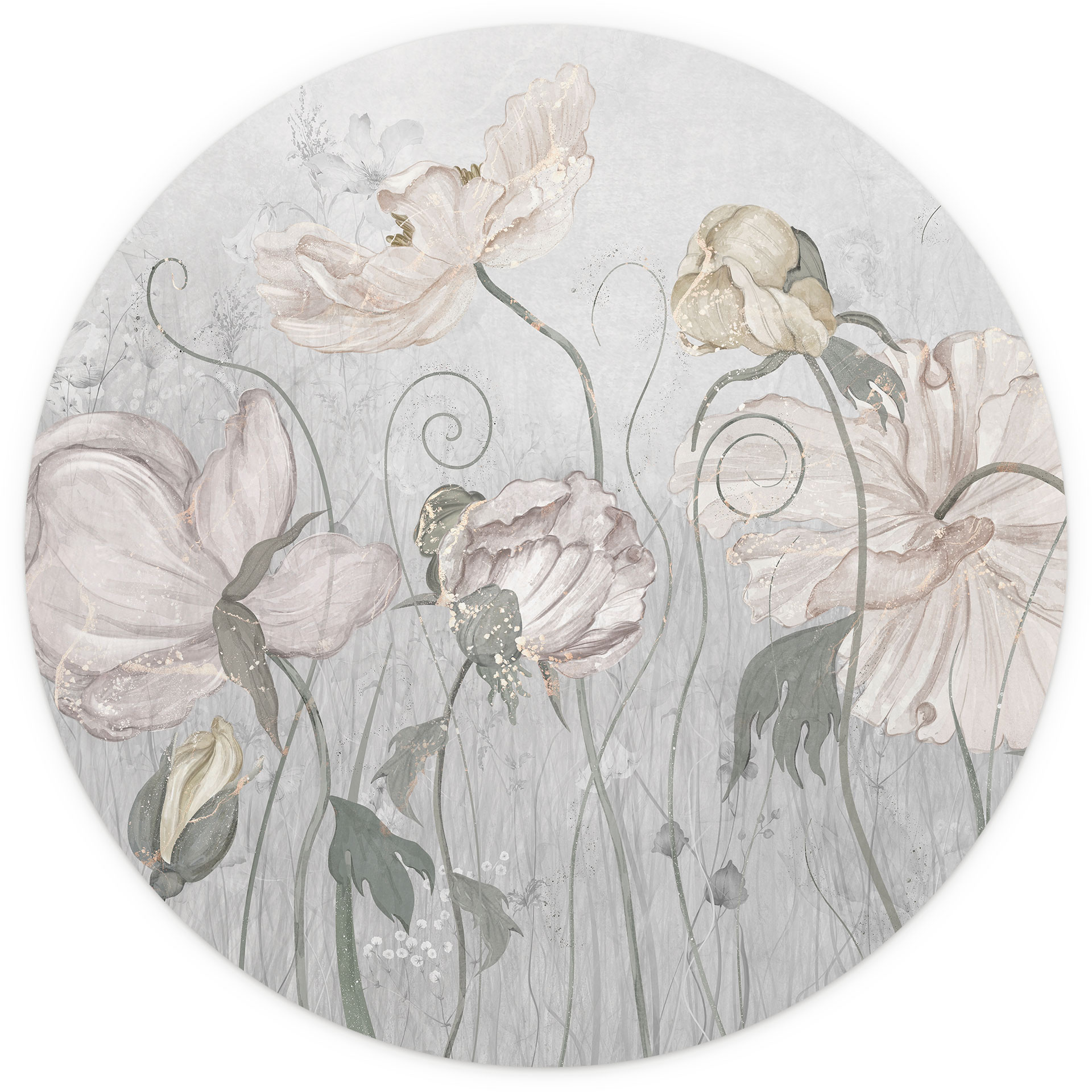 Vintage stijl bloemenbehang in grijs - Ms Tiff - Rond - Zelfklevend/niet-geweven