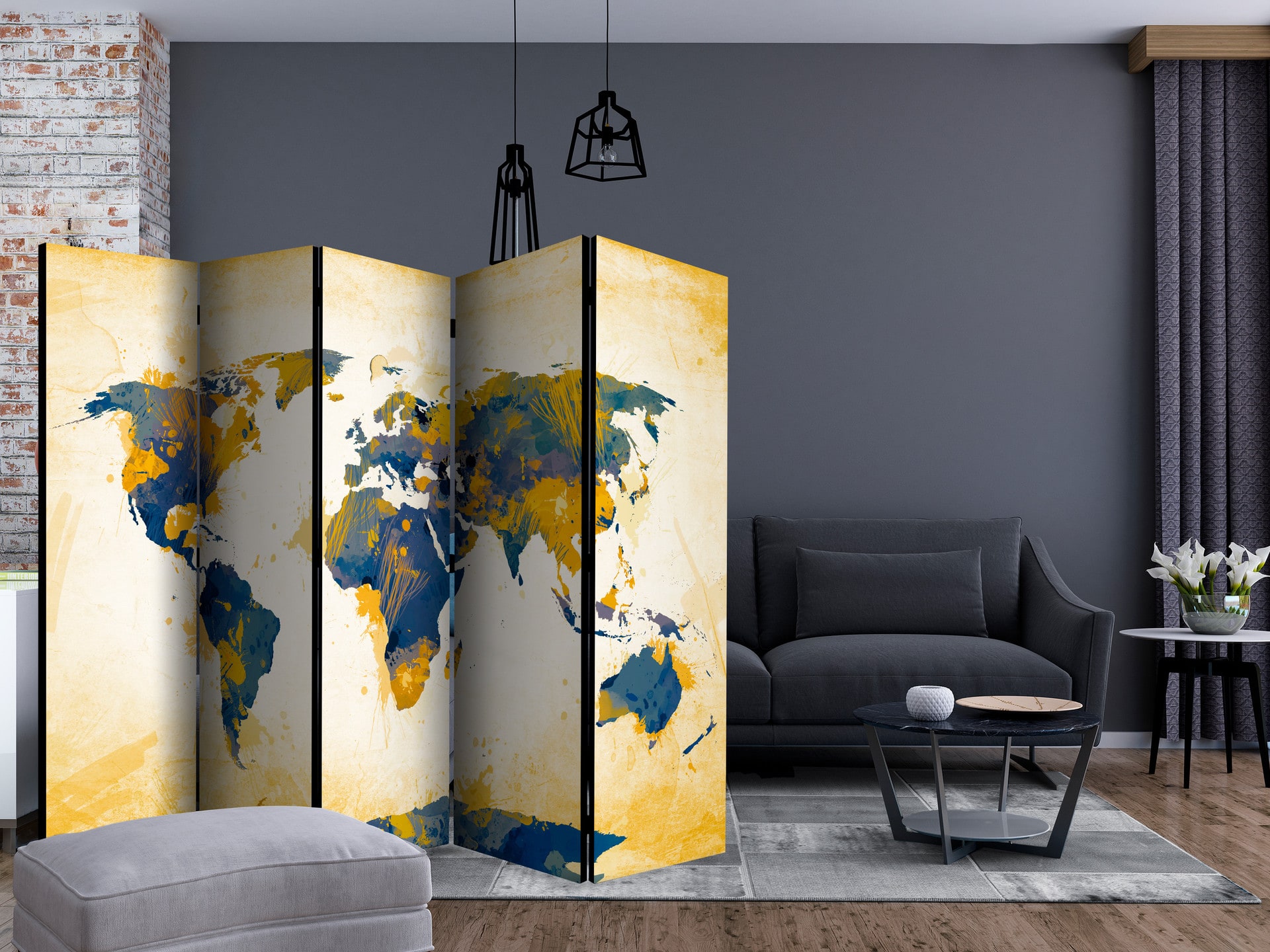 Screen room divider - Verdenskort - Sol og himmel , 5-delt - 225x172 cm