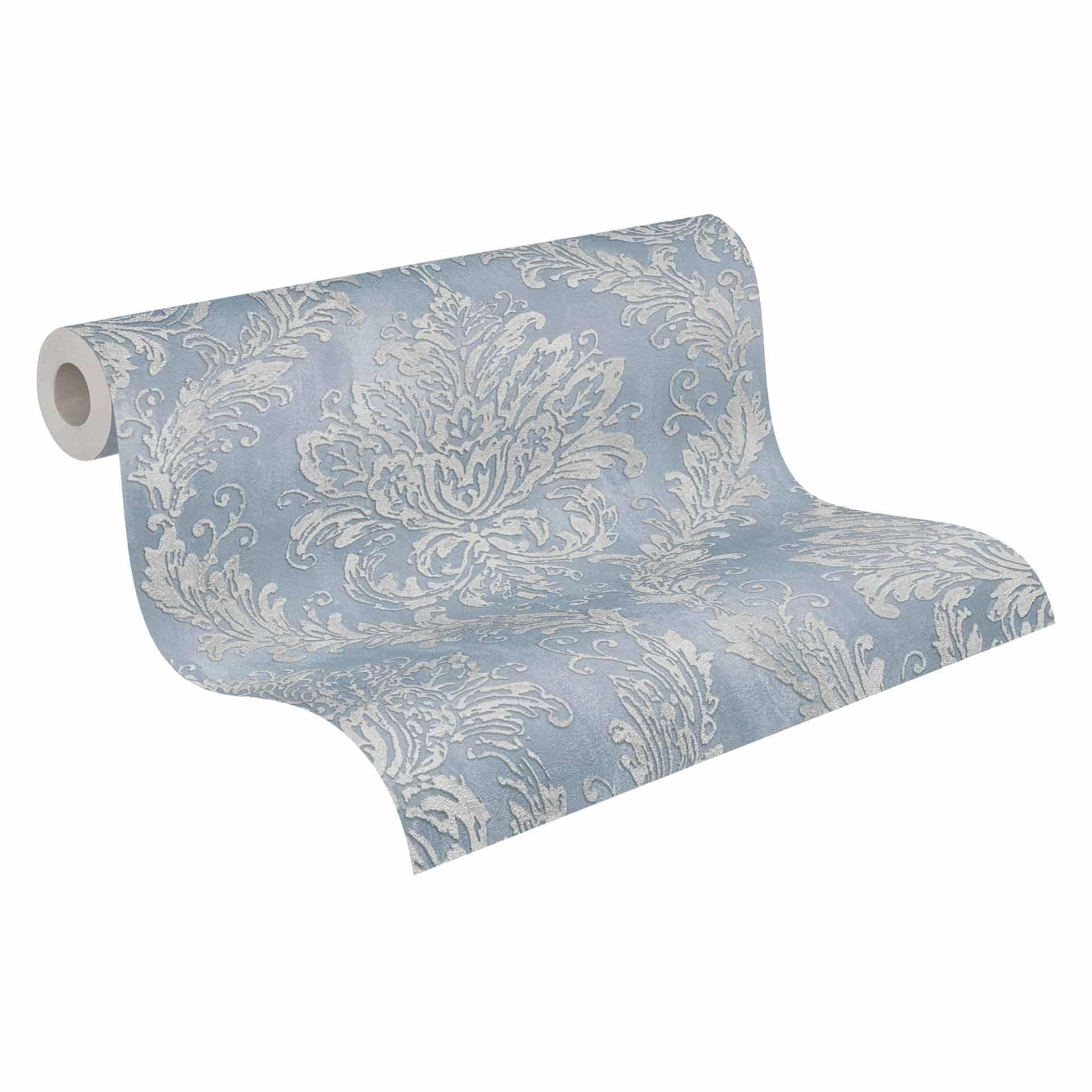 Barok behang blauw zilver - Vliesbehang met Patroonbehang - glanzend Patroonbehang