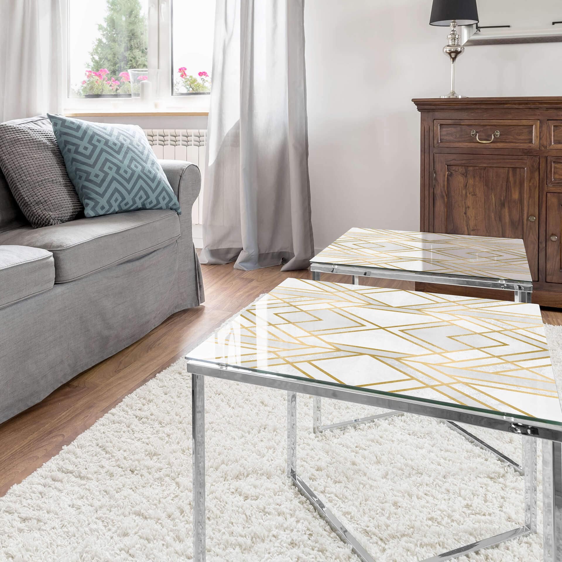 Plateau de table en verre - Fredriksson - Art Deco: Géométrie dorée - Carré