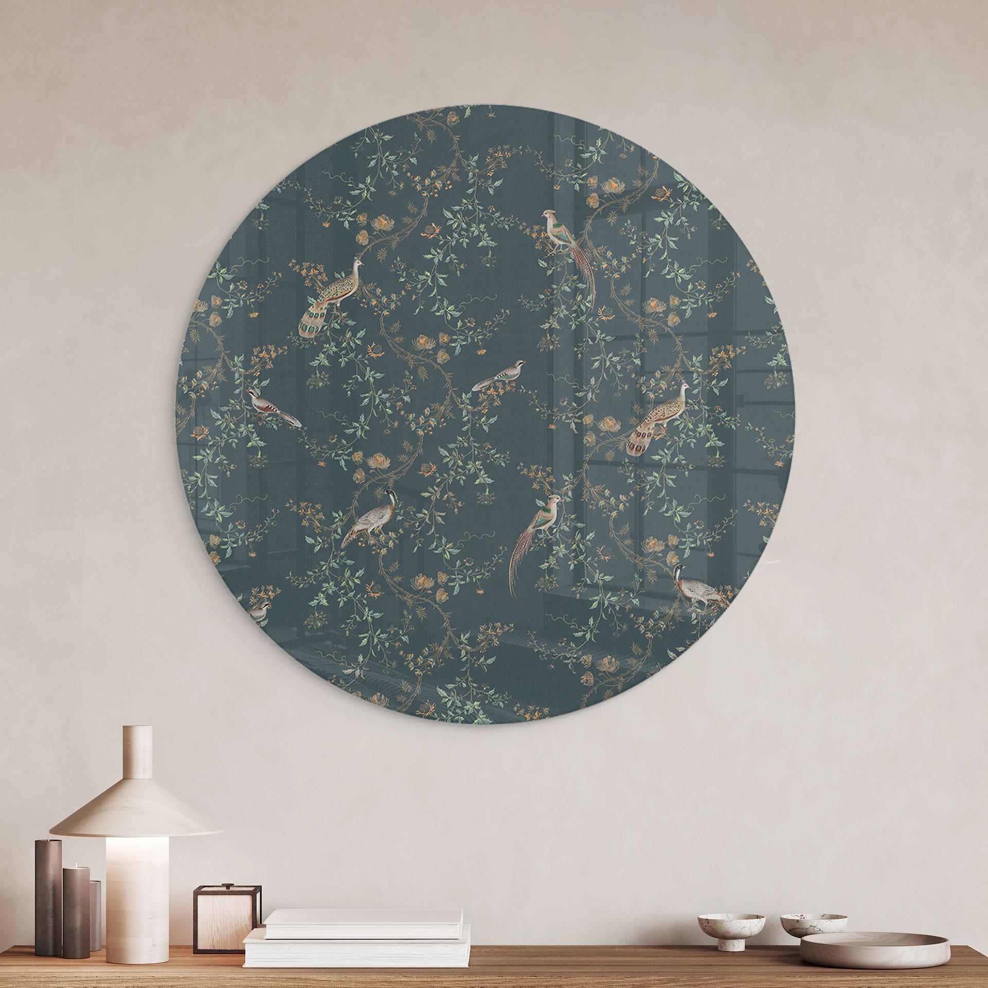 Glasbillede - Eksotiske fugle i skoven - Bloomery Decor - Round