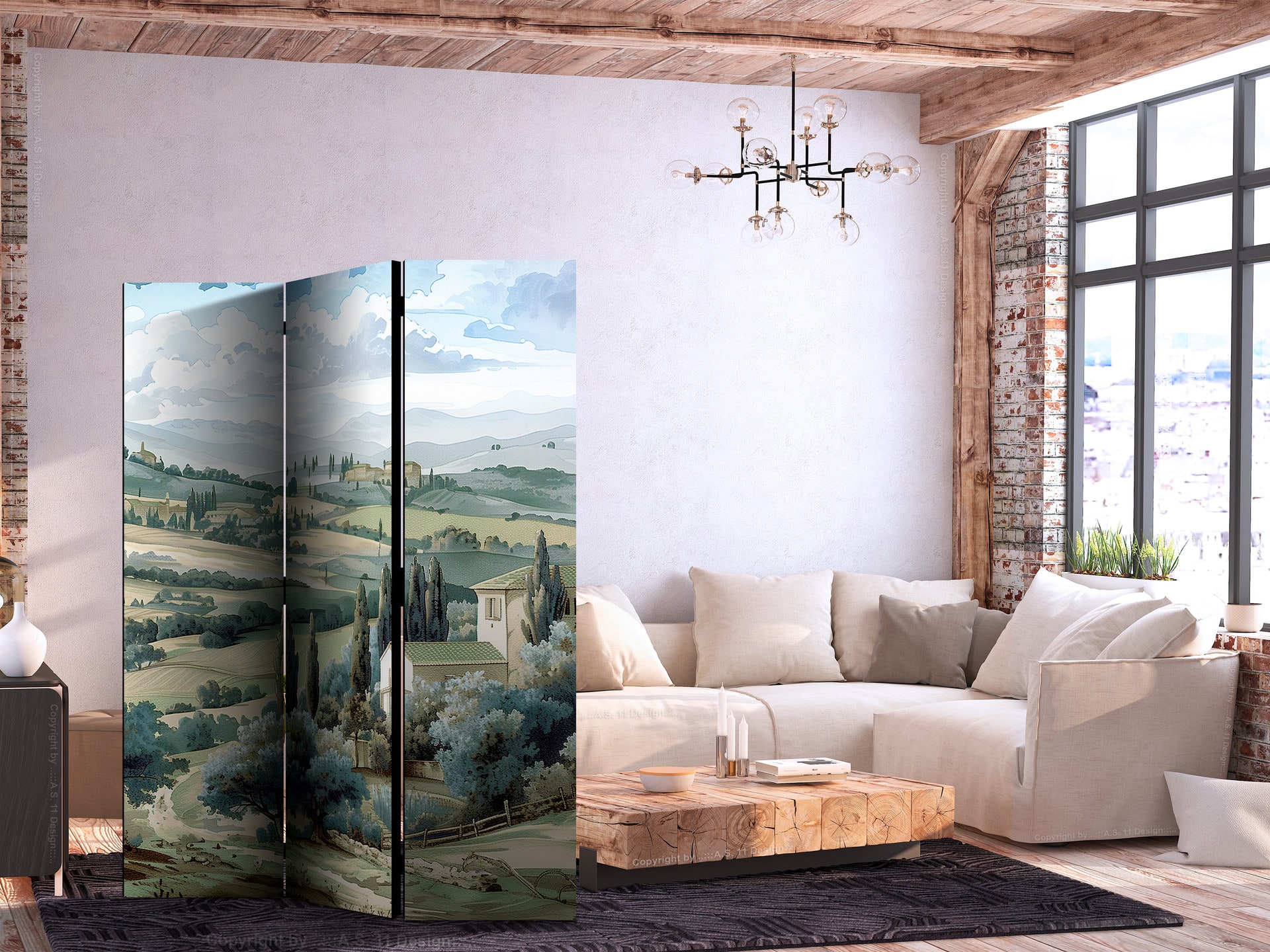 Paravent, Raumteiler freistehend, Trennwand - Landscape with Green Fields and Trees - Tuscan Sunny V