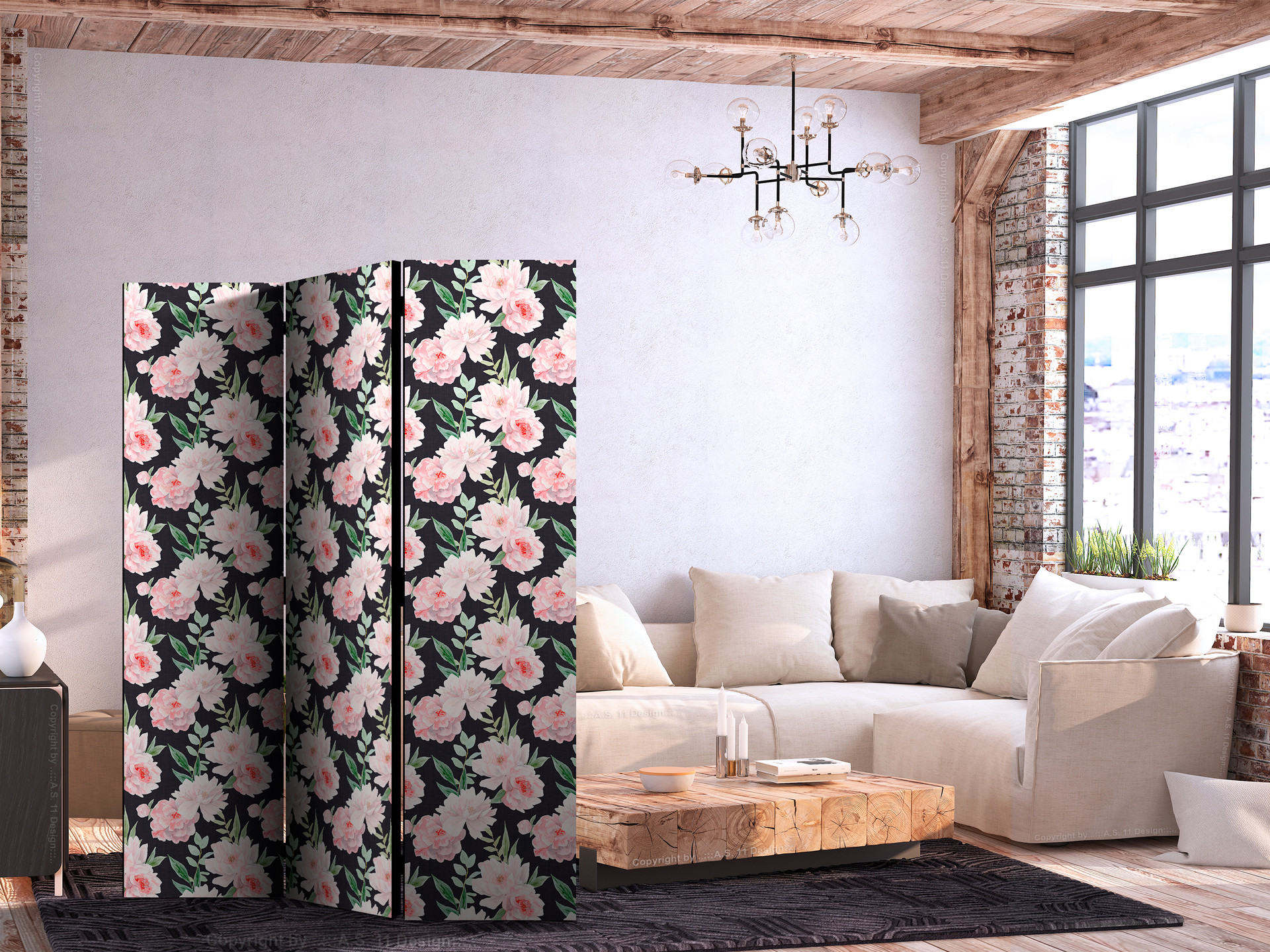 Paravent, Raumteiler freistehend, Trennwand - Peonies - Pink Floral Graphite