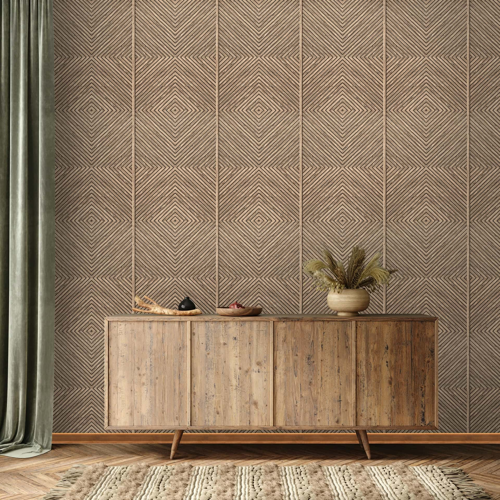 Vliesbehang hout, geometrische houtlook, landhuis mat in beige