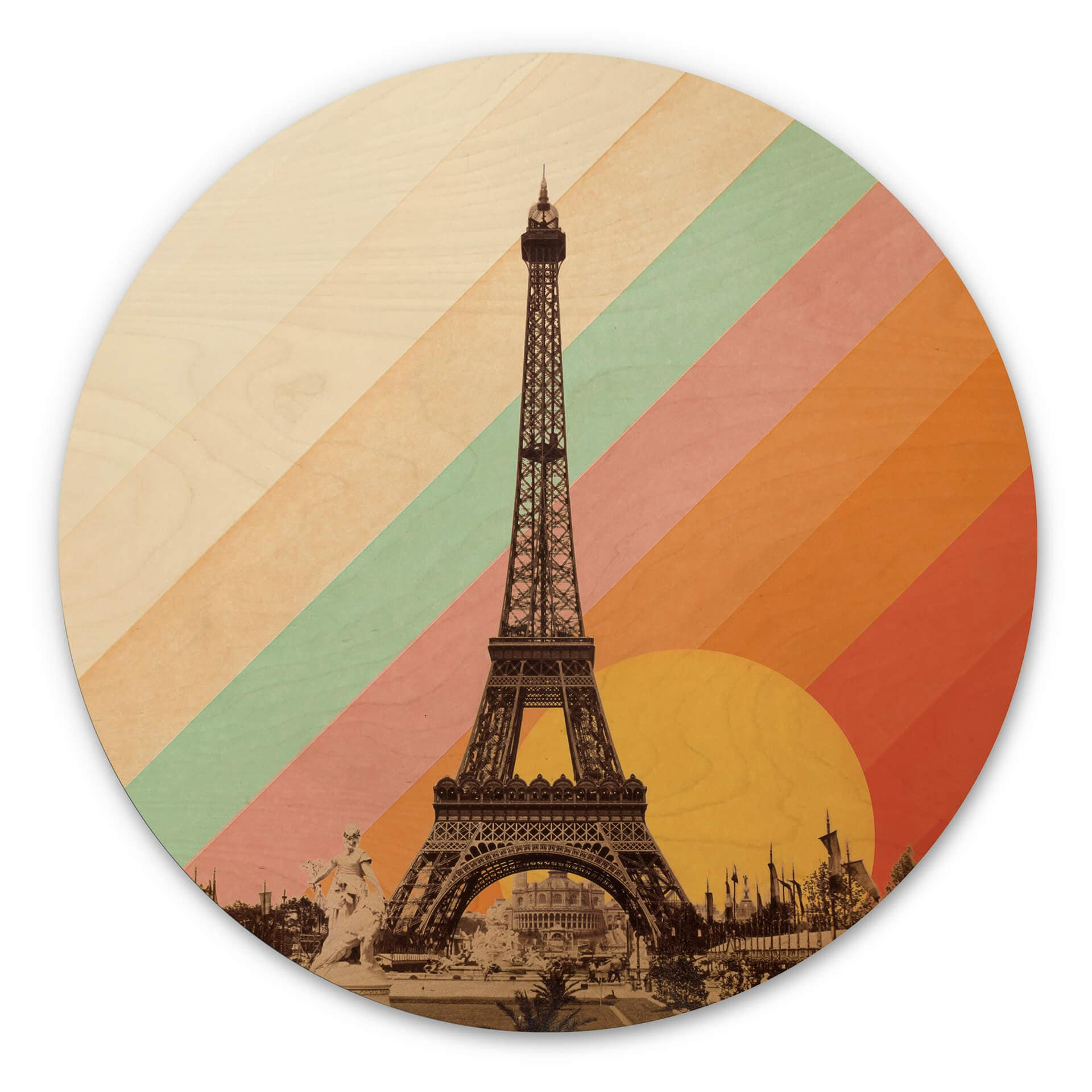 Stampa su legno Bodart - Torre Eiffel retrò con arcobaleno - Rotondo