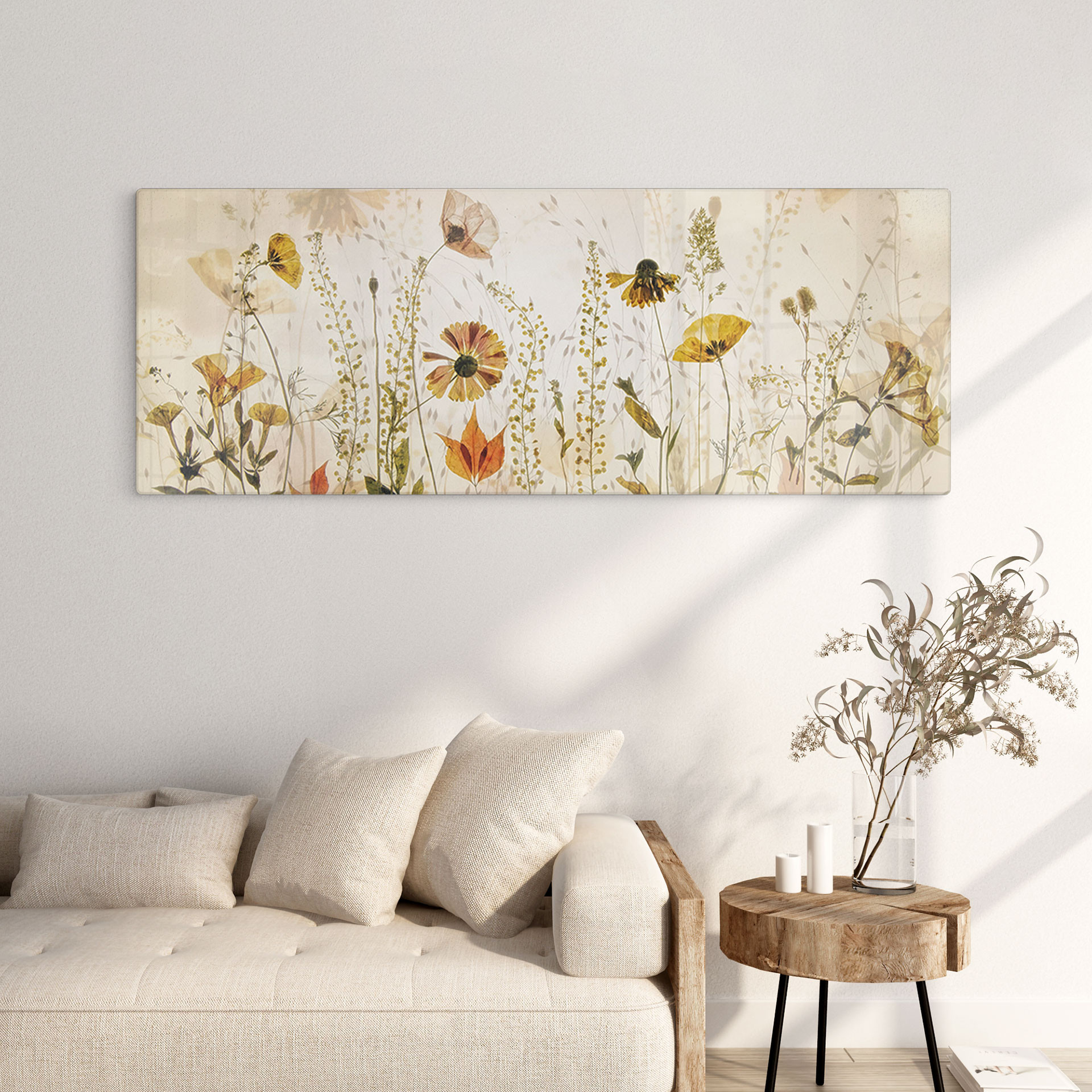 Glasbild Wilde Wiesenblumen im Sonnenlicht - Talen - Panorama