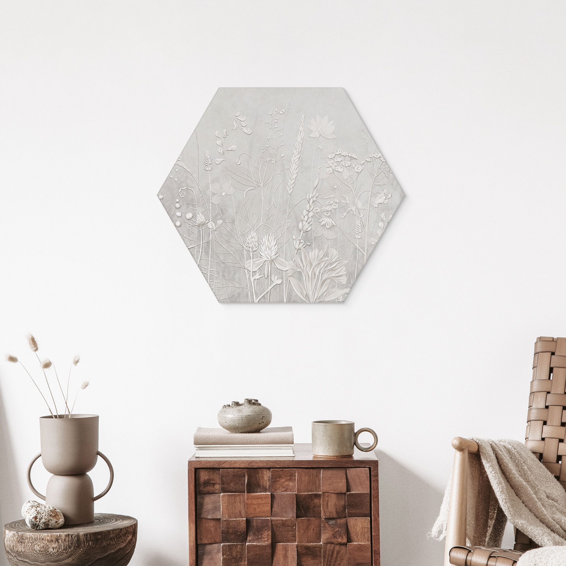 Wanddecoratie in wit met zeshoekig design - Ms Tiff - Alu-Dibond
