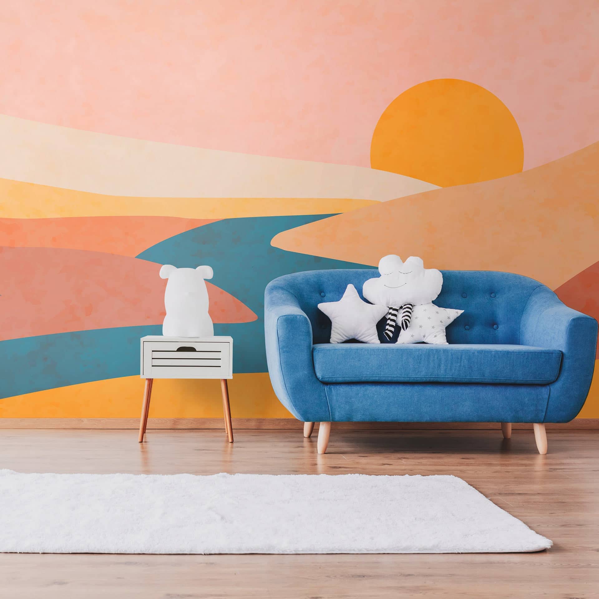 Papier peint paysage abstrait rose jaune bleu - Papier peint intissé 3,75 m x 2,50 m moderne