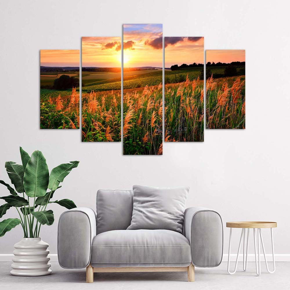 5 stykke lærredsprint, Sunset Flowers Meadow
