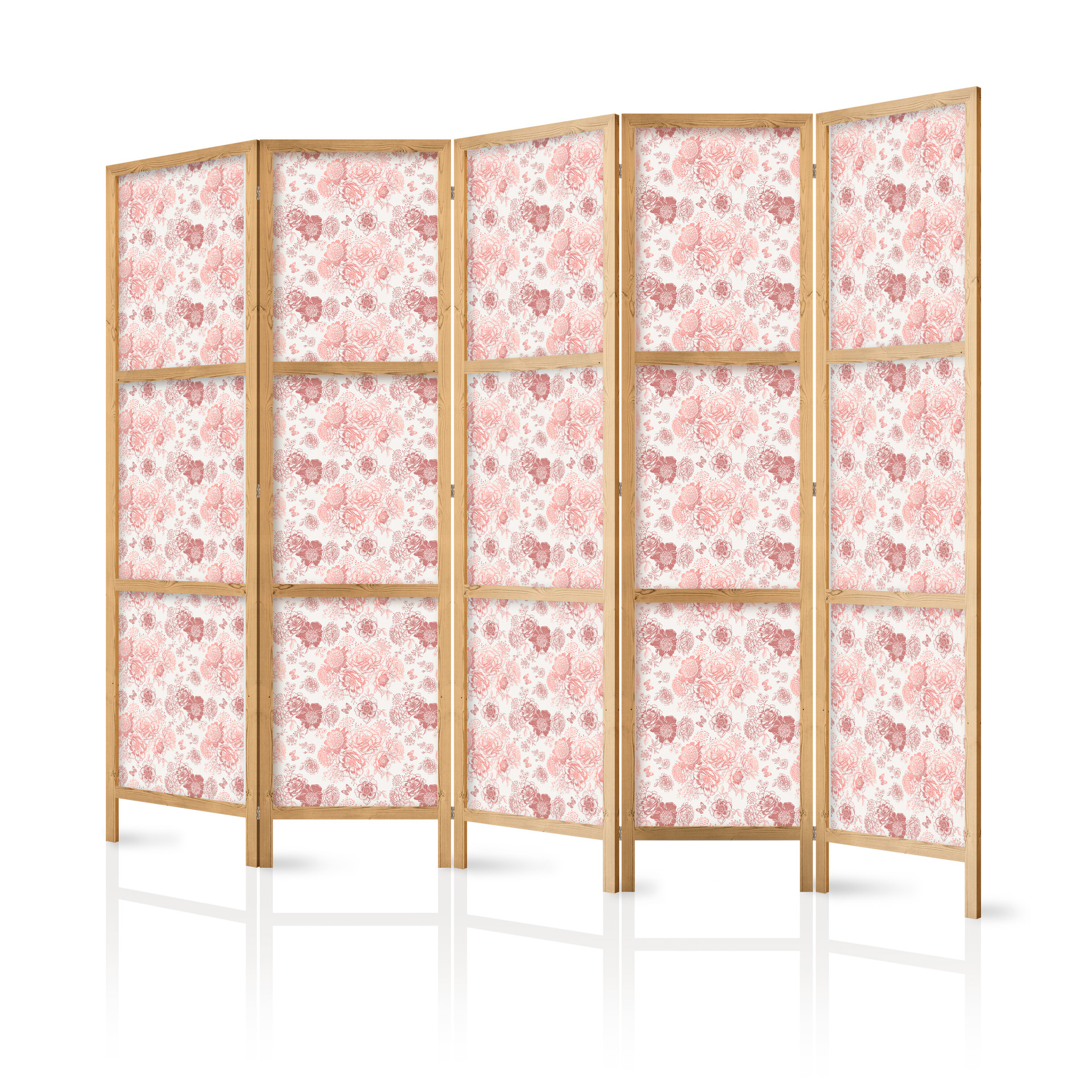 Japanischer Paravent, Raumteiler freistehend, Trennwand - Pink Blossoming on White Background