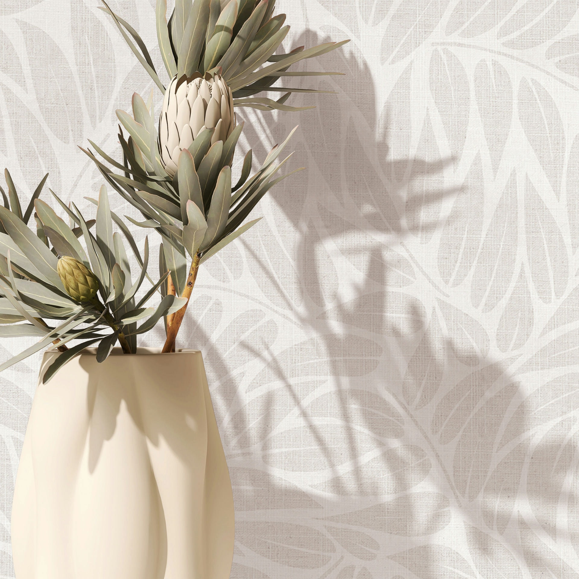 Vliesbehang bladeren bloem natuur mat in wit grijs