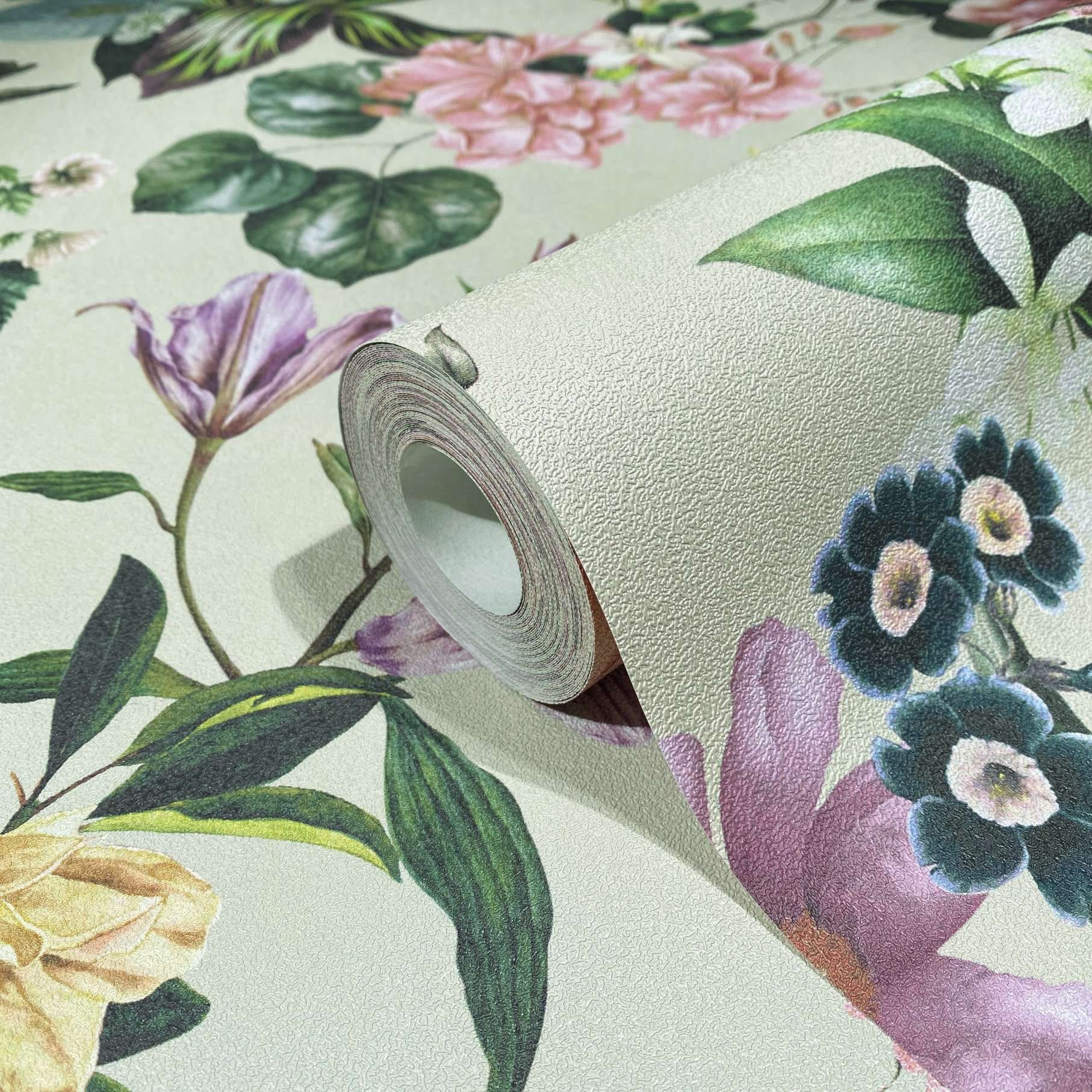 Behang, vlies bloemen behang Flora beige, roze