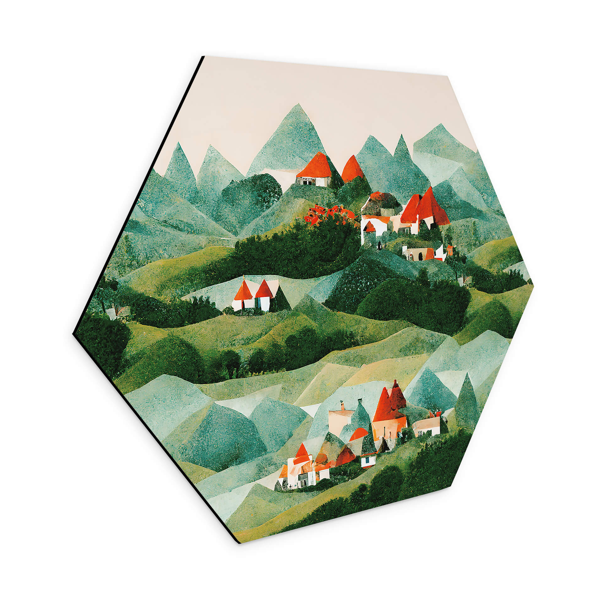 Hexagon Dibond Treechild - Small village in the middle of green hills