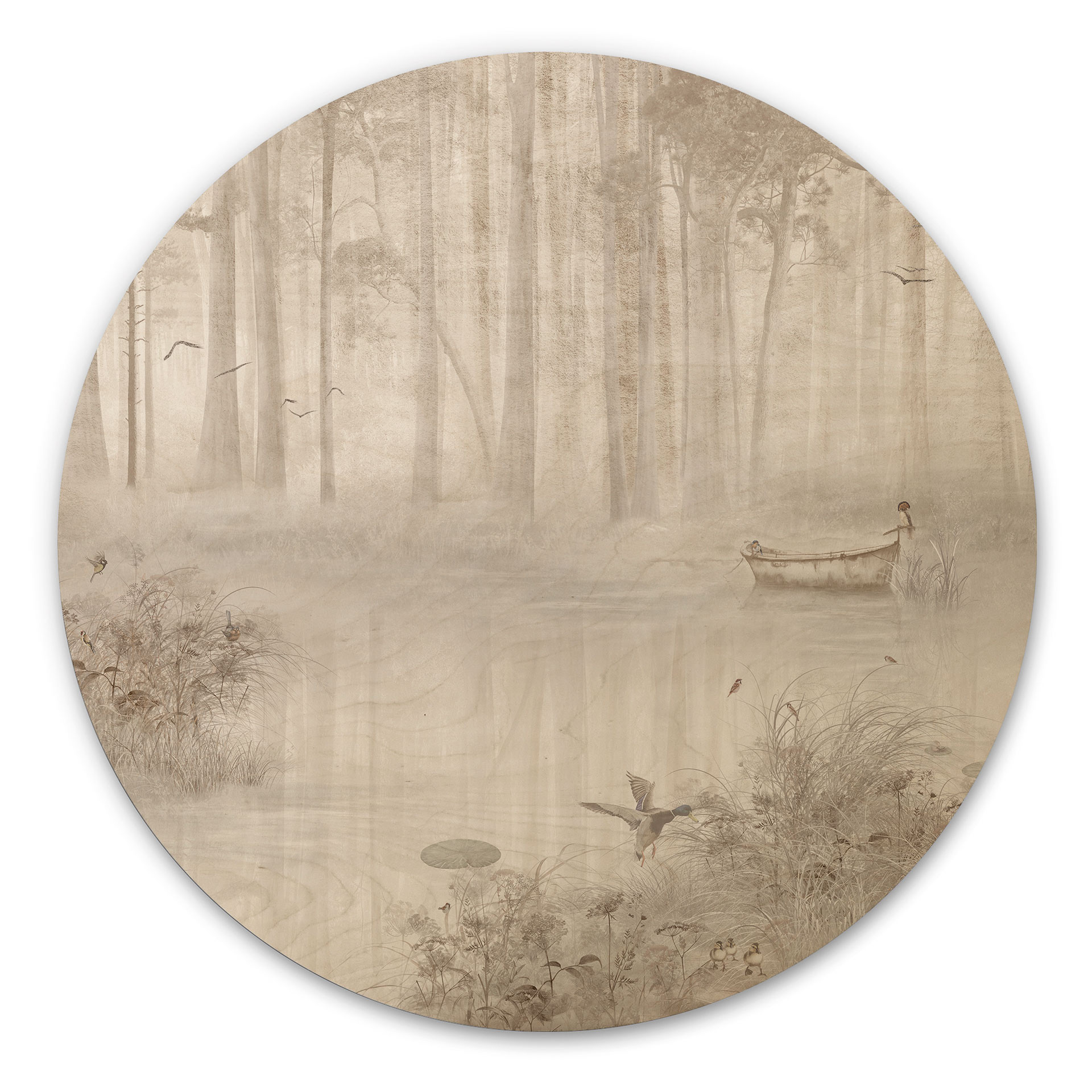 Houten Wanddecoratie bos bij het meer in beige mist - Ms Tiff - Rond