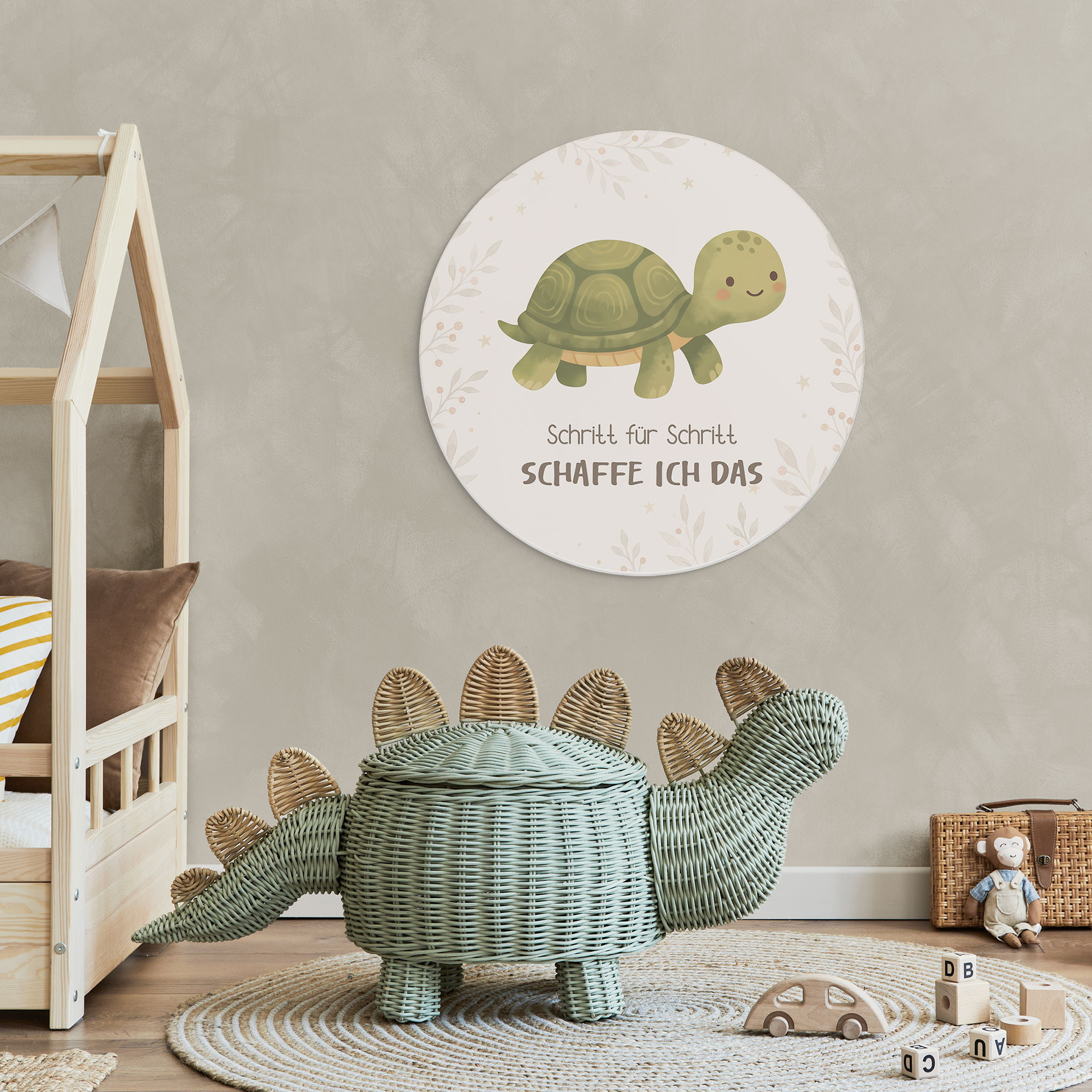 Rundes Alu-Dibond mit Schildkröte - Bestärkung für das Kinderzimmer 'Schritt für Schritt schaffe ich das'