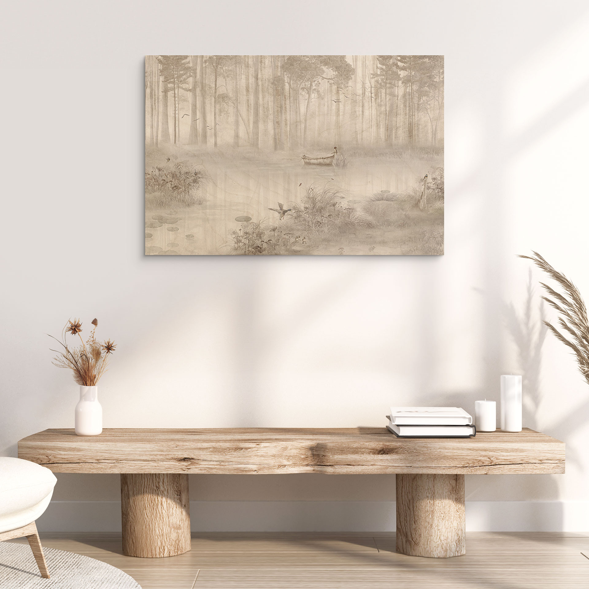 Houten Wanddecoratie bos bij het meer in beige mist - Ms Tiff