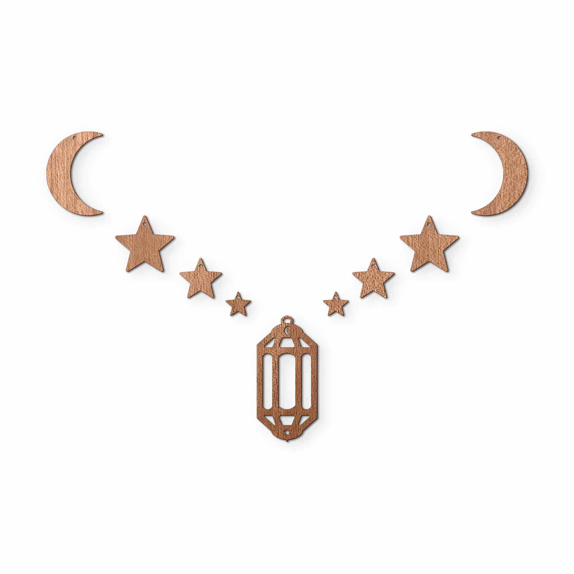 Décoration en bois placage acajou  -  Set pour Ramadan - Lune, étoiles et lanterne